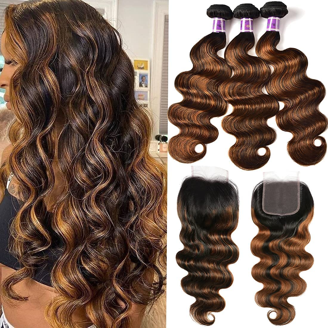 UNICE Brown Highlight Body Wave Human Hair 3 Bundles with 4x4 Lace Closure, FB30 Color 18 20 20+16 Closure, Brazilian Remy Hair 