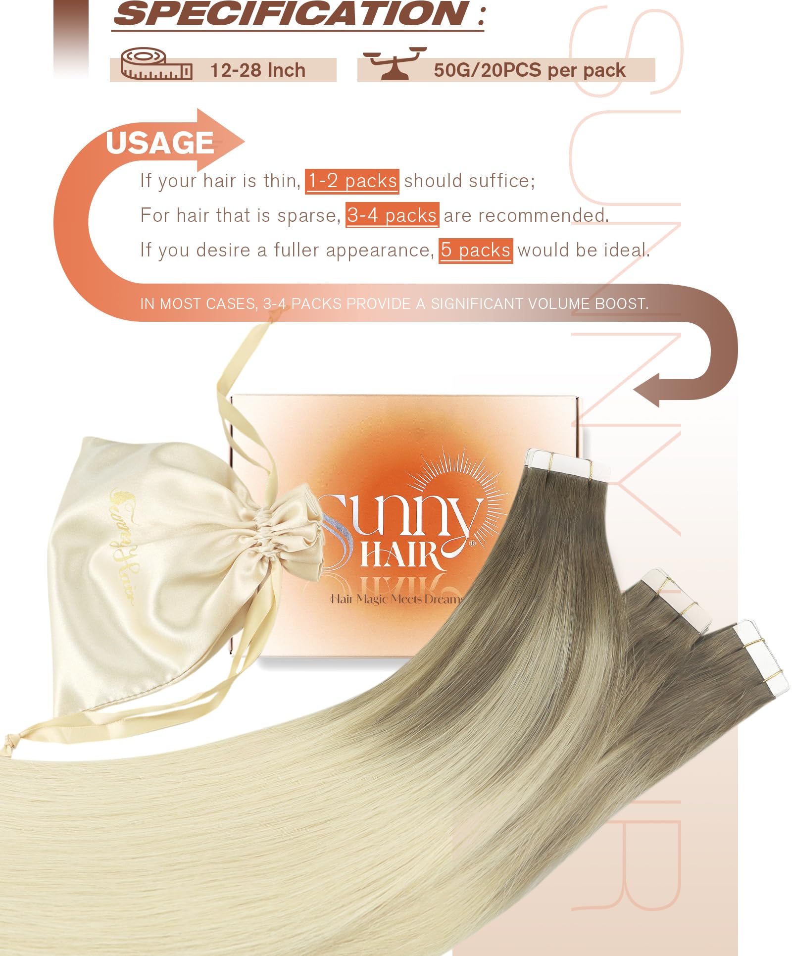 Sunny Hair Tape in Hair Extensions Real Human Hair Invisible Remy Hair Extensions Tape ins for Women Light Brown Root to Platinu