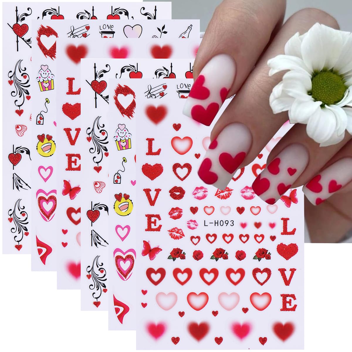 Valentine's Day Nail Art Stickers Decals 6PCS Love Heart Cartoon Valentines Nail Design 3D Self-Adhesive Nail Decals Supply Lip 
