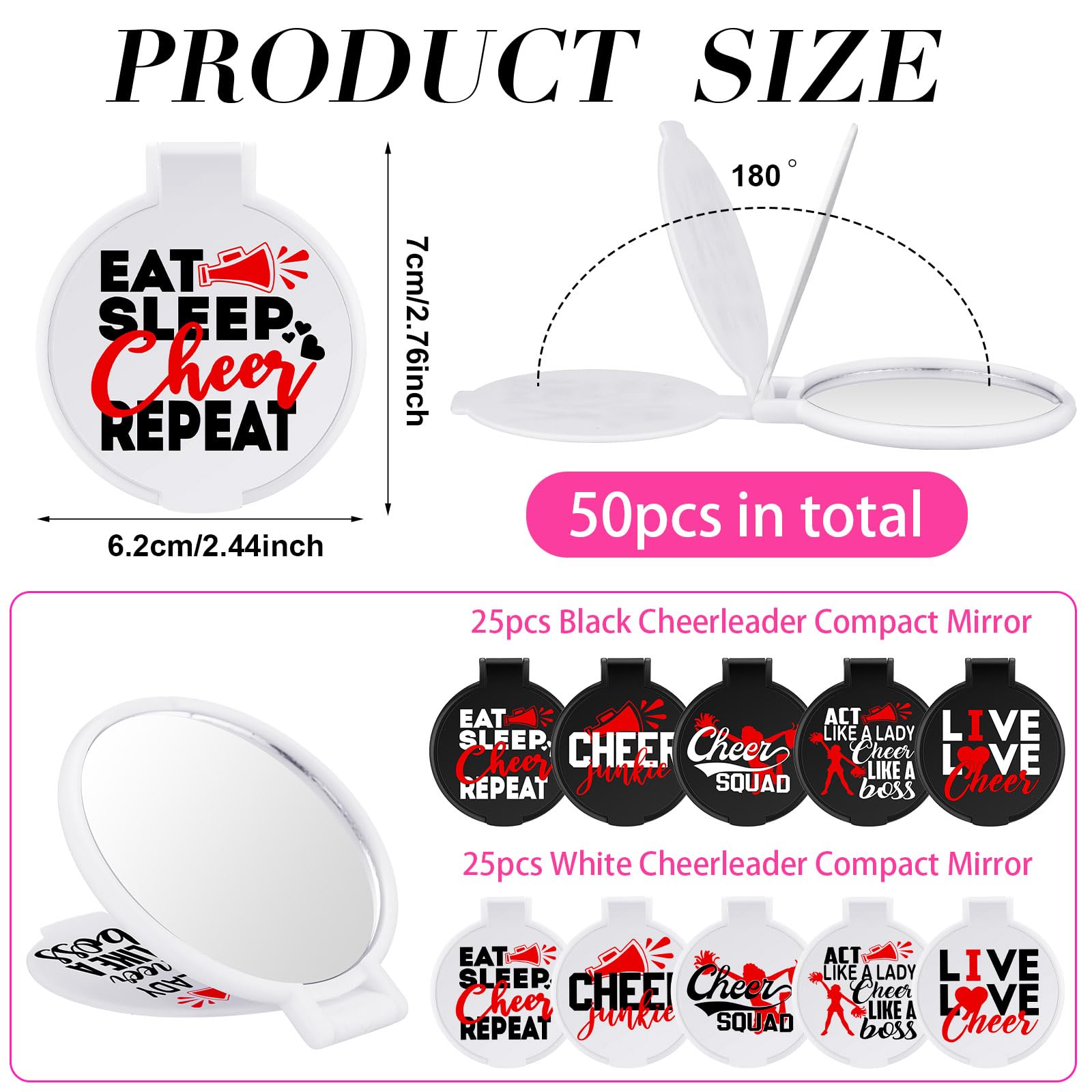Wenqik 50 Pcs Cheerleader Mirror Gifts Cheerleading Compact Mirror Bulk Folding Pocket Mirror Cheer Party Favors For Team(Red Ch