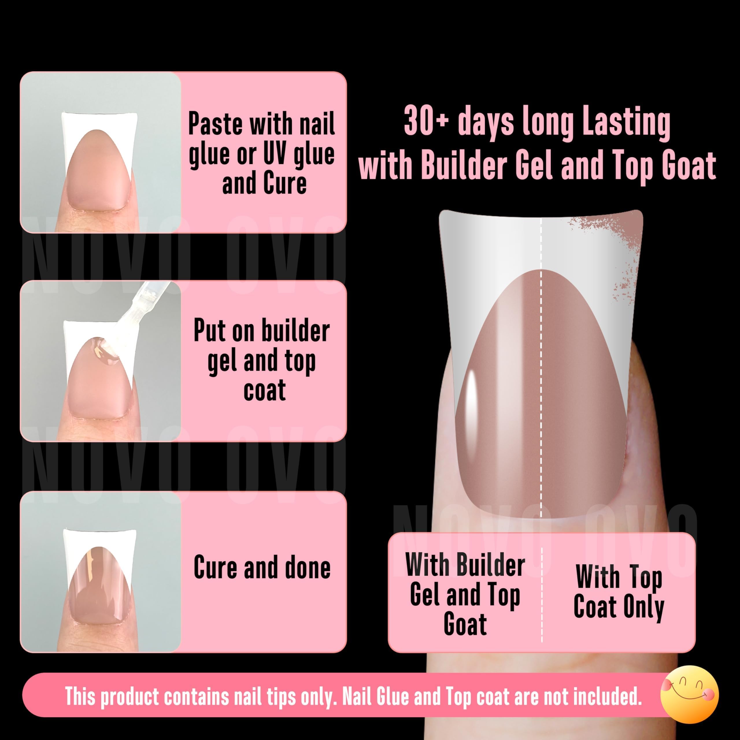 NOVO OVO Short Duck Nail Tips French Tip Press On BROWN PINK, Pre-designed Soft Gel Nail Extension, Need Buider Gel Top Coat, No