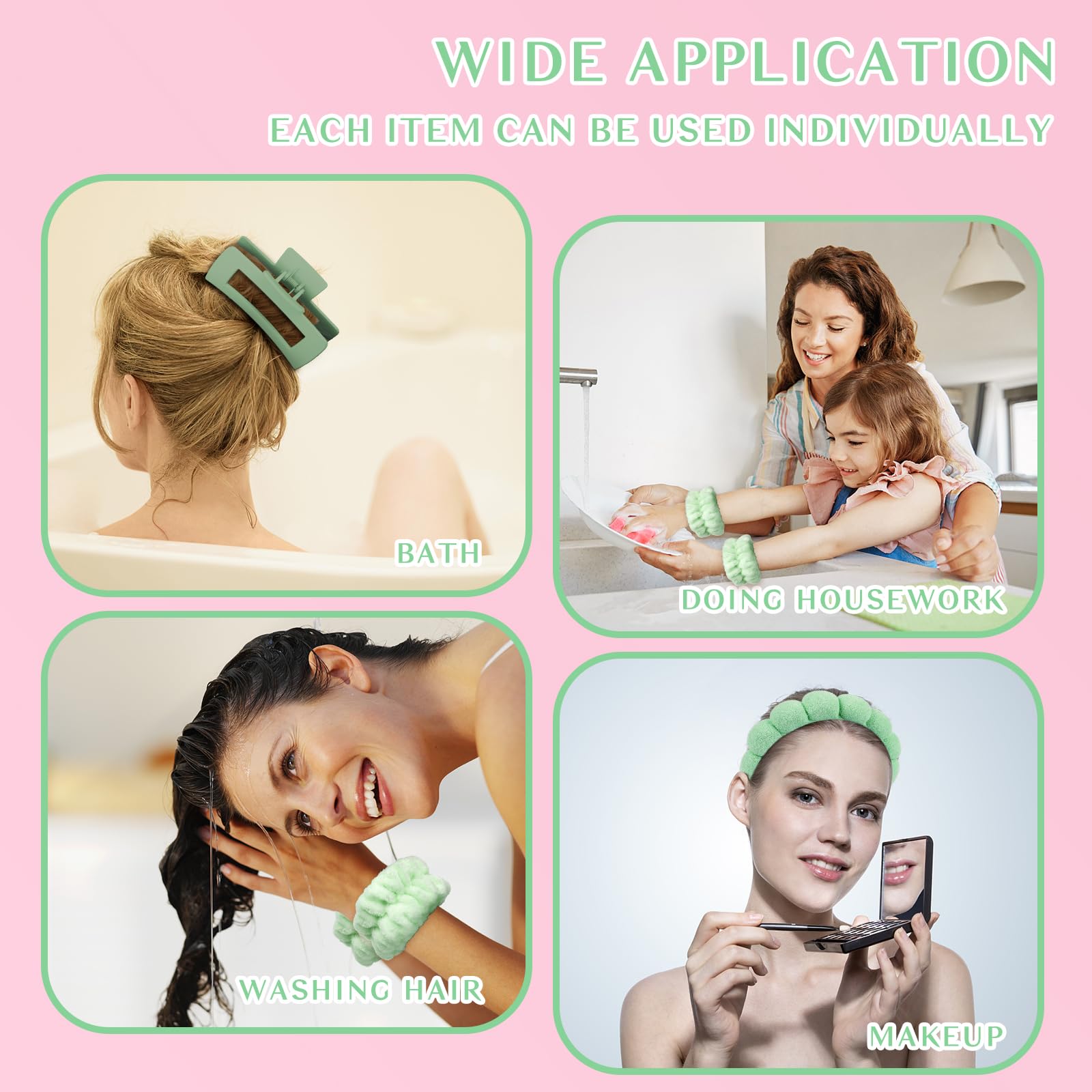 Wecoe Spa Headband And Wristband Set Skincare Headband For Washing Face Hair Claw Clips For Thick Hair Cute Green Puffy Sponge M