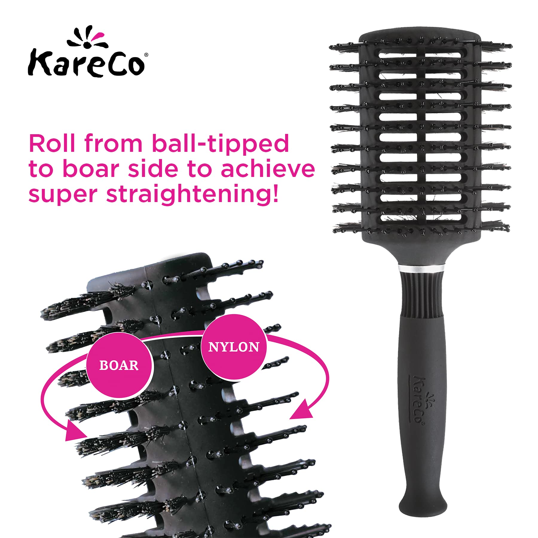 Kareco Oval Vent Brush, Dual Natural Boar Bristles And Soft Nylon Ball Tipped Pins, Vented, Ergonomic Grip