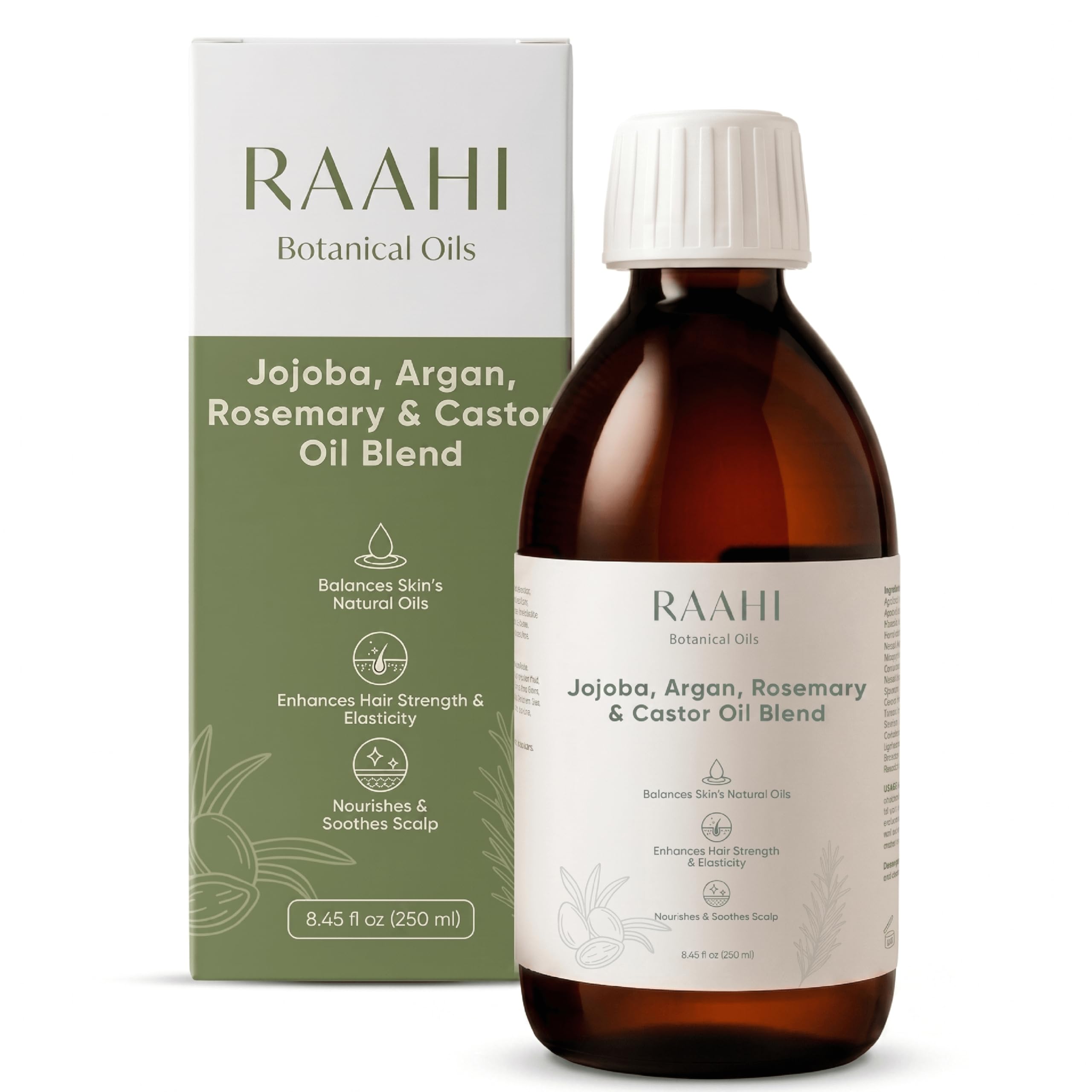RAAHI Jojoba Oil, Argan Oil, Castor Oil and Rosemary Oil Blend for Hair and Skin, 8.45 fl oz / 250 ml, Botanical Moisturizer for