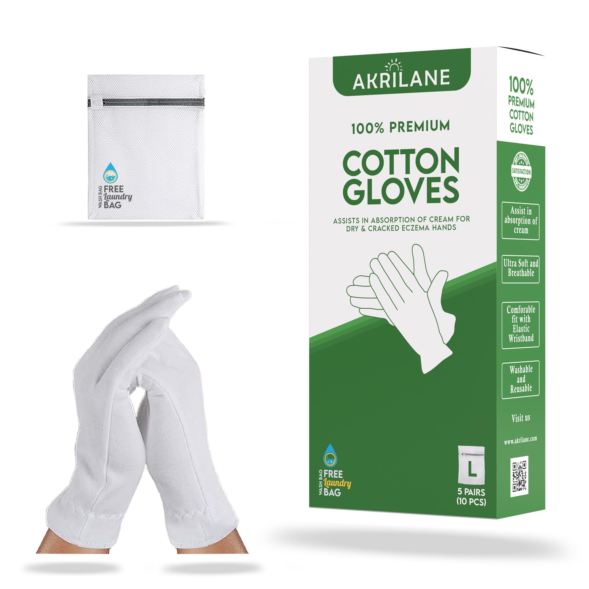 L Large 5 Pairs 100% Premium Cotton Gloves For Dry Hands | Moisturizing Overnight Gloves For Eczema, Psoriasis & Skin Spa Treatm