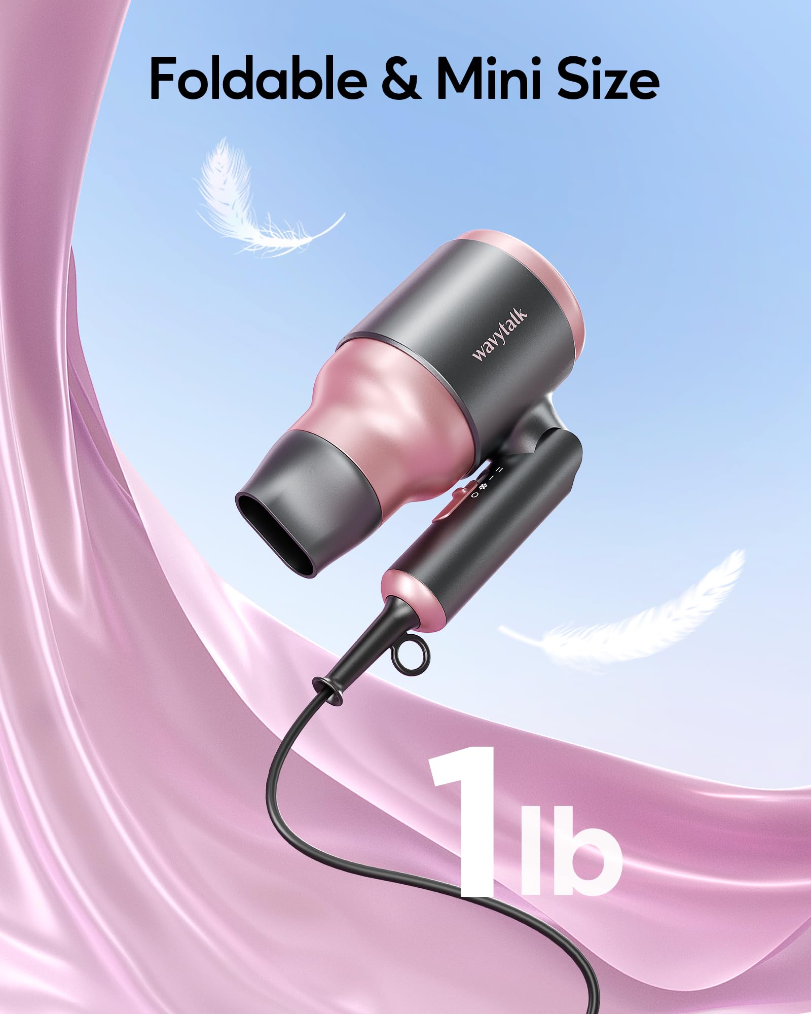 Wavytalk Portable Hair Dryer with Diffuser, Foldable Mini Hair Dryer with Lightweight Design, 1600W Small Hair Blow Dryer with D