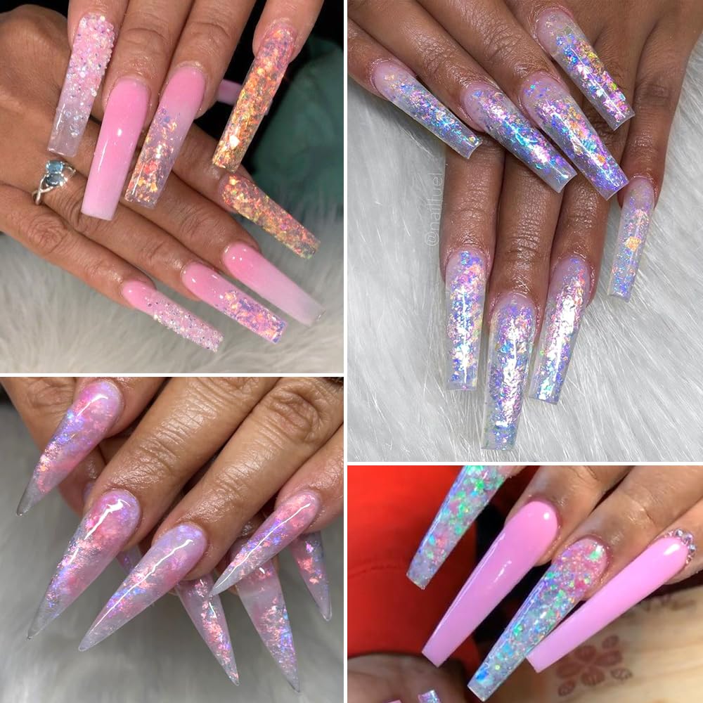 Holographic Iridescent Nail Art Glitter Flakes, 6 Colors Sparkly Ultra-Thin Aurora Foil Nail Art Flakes Designs, Opal Powder Nai