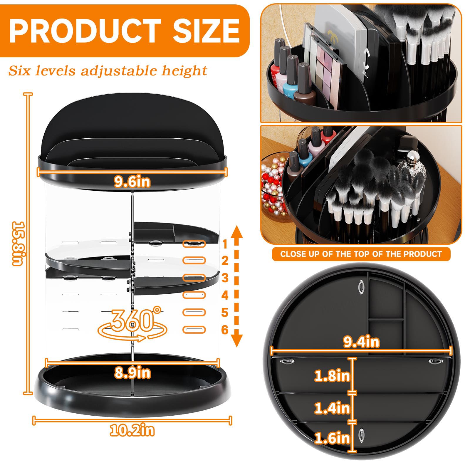 360 Rotating Makeup Organizer For Vanity - 6 Tier Adjustable Spinning Bathroom Counter Cosmetic Display Cases And Makeup Holder