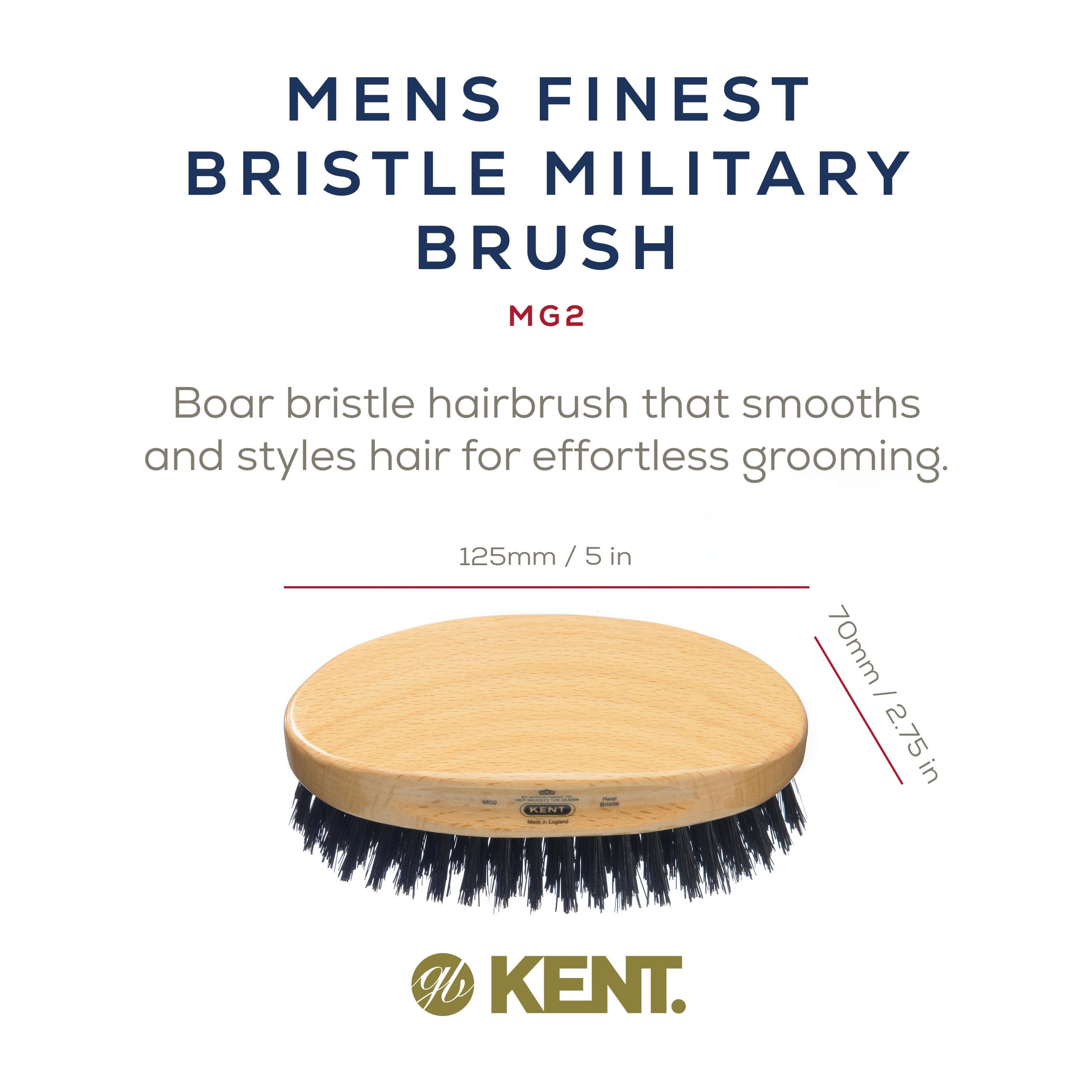 Kent Mg2 Finest Men'S Oval 100% Natural Beechwood Military Hair Brush With 100% Natural Black Boar Bristle For Mens Grooming, Sc