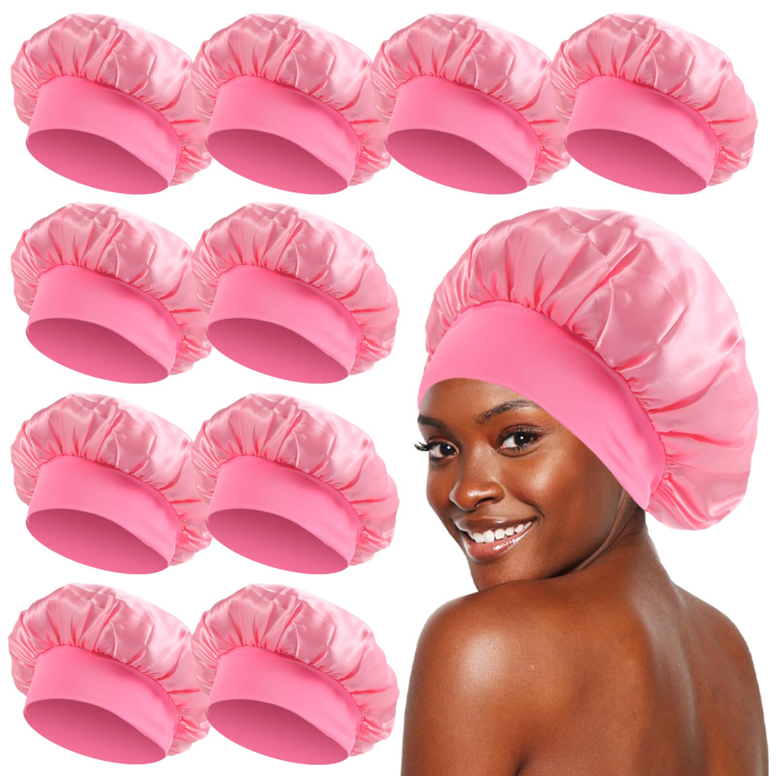 Kepuway 10 Pcs Bonnet For Sleeping, Superior Silky Satin Bonnet Hair With Elastic Wide Band For Women(Designed For Pink Fans) Sh