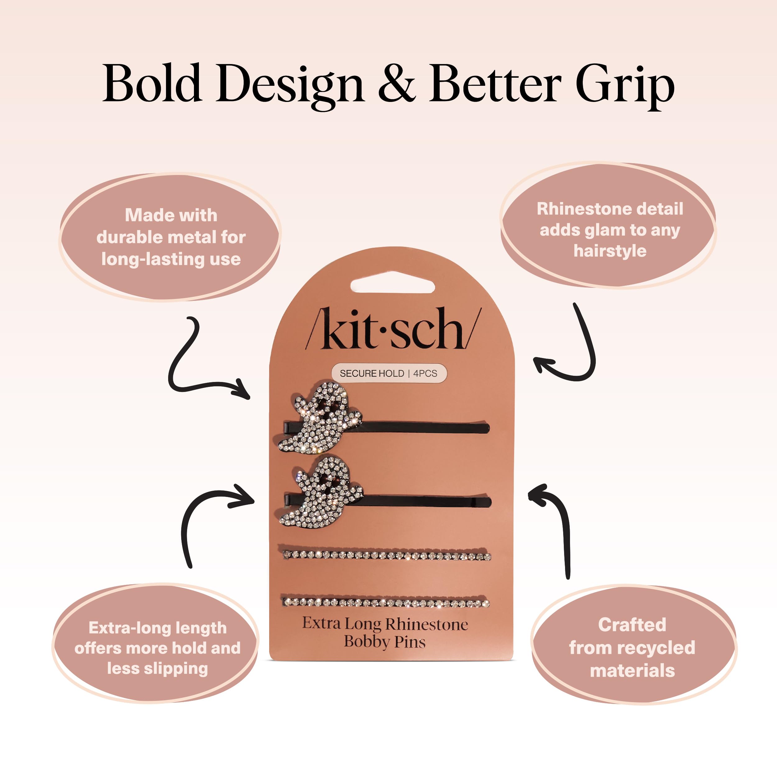 Kitsch Extra Long Metal Rhinestone Bobby Pins - Ghost Design Sparkly Hair Pins - Halloween Hair Accessories - Secure Hold Bobby