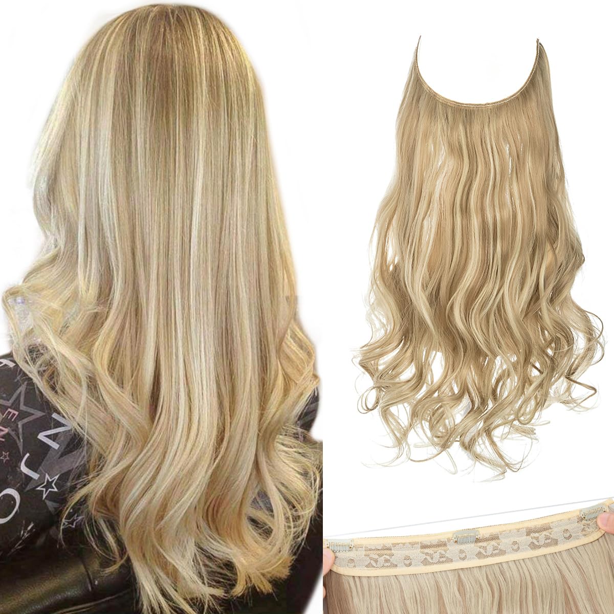 SARLA Invisible Wire Hair Extensions with 3 Clips Dirty Blonde Short Synthetic Wavy Curly Hairpiece Highlights Adjustable Transp