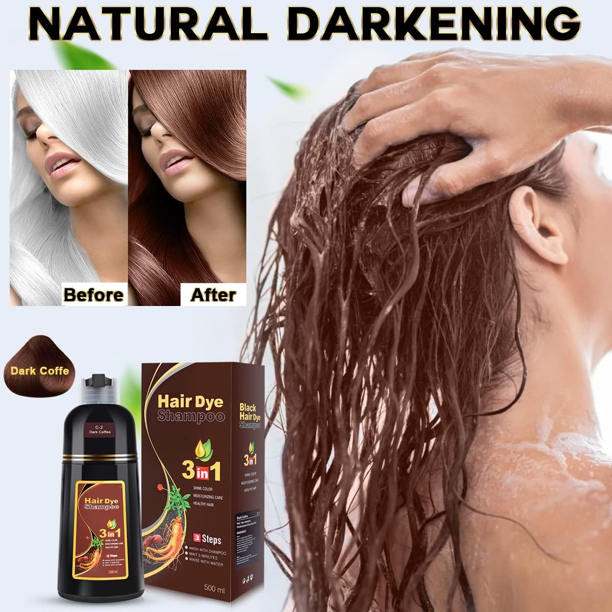 Meidu Hair Dye Shampoo 3 In 1 Dark Brown For Gray Hair Coverage, Instant Hair Color Shampoo Natural Plant Herbal Hair Dye Shampo