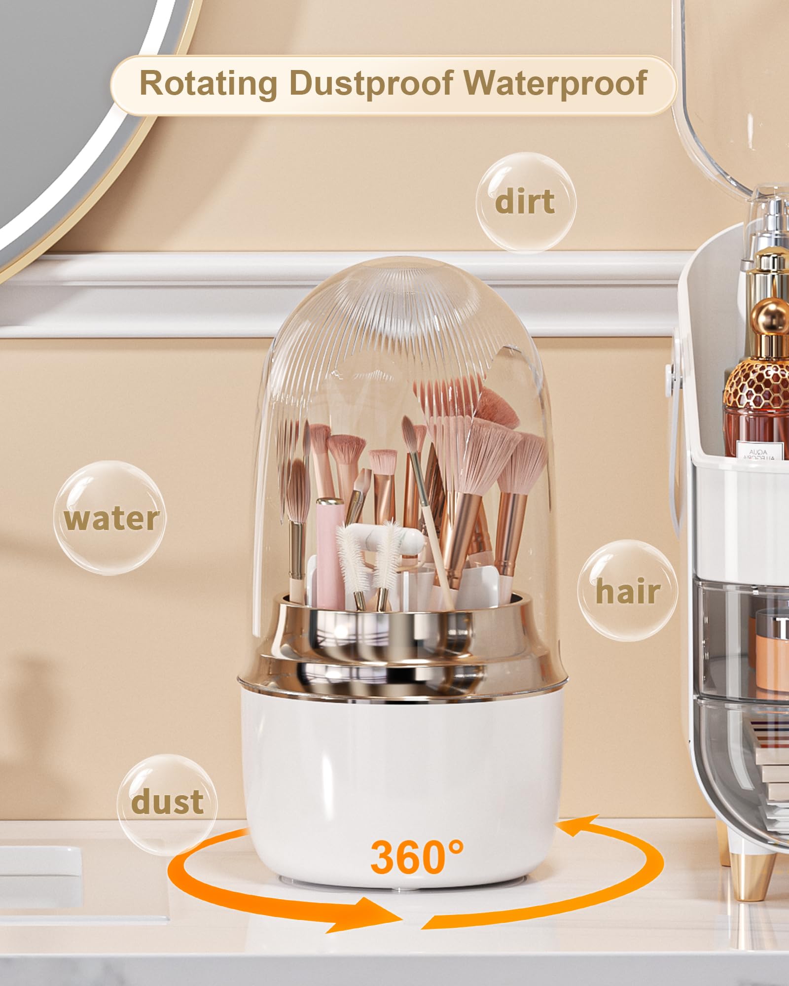 Anylady Makeup Brush Holder for Vanity - 360 Rotating Makeup Brush Organizer (Thicken Upgraded), Toothbrush Holder with Cover, C