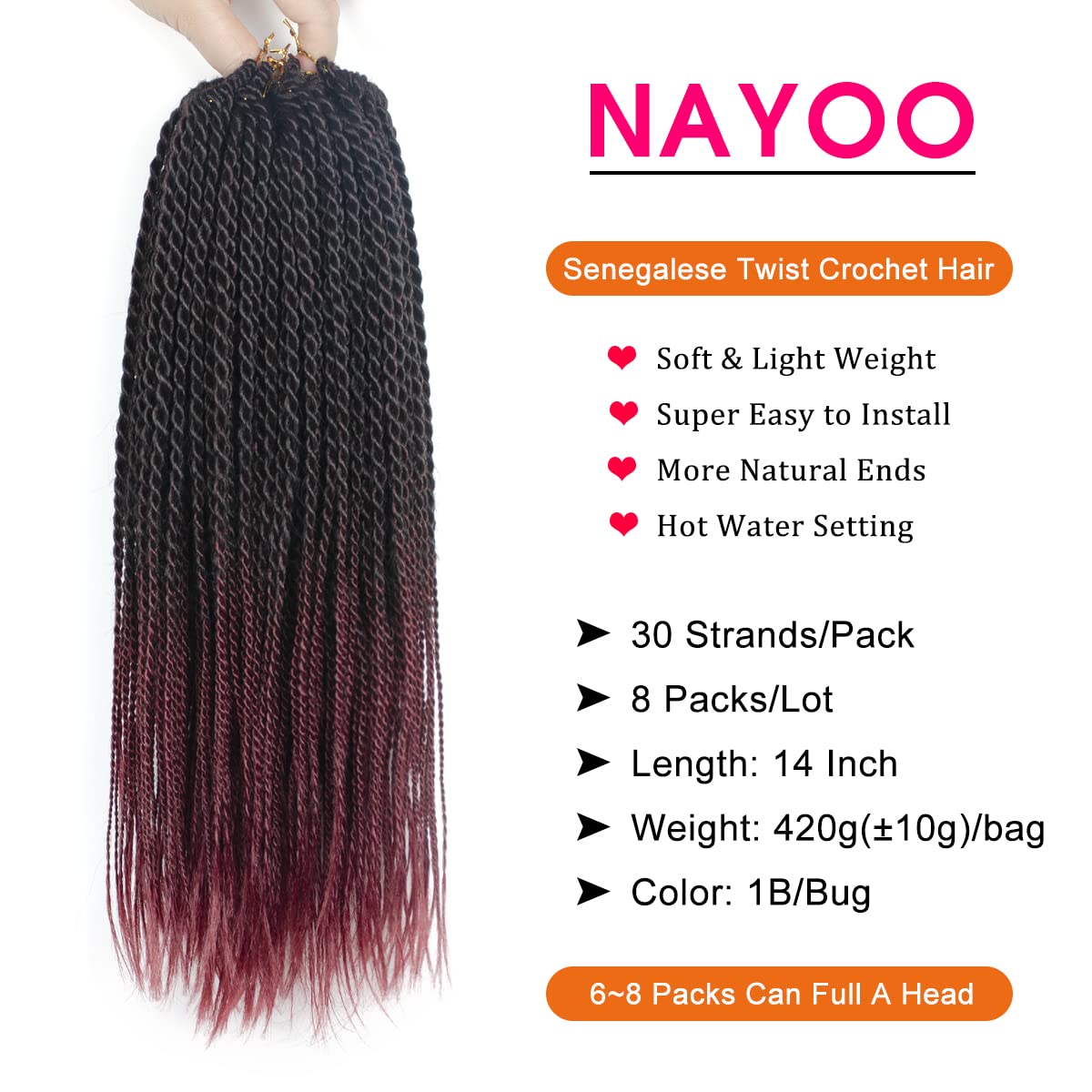 Nayoo Senegalese Twist Crochet Hair For Kids - 8 Packs 14 Inch Small Crochet Hair For Black Women, 30 Strands/Pack Ombre Crochet