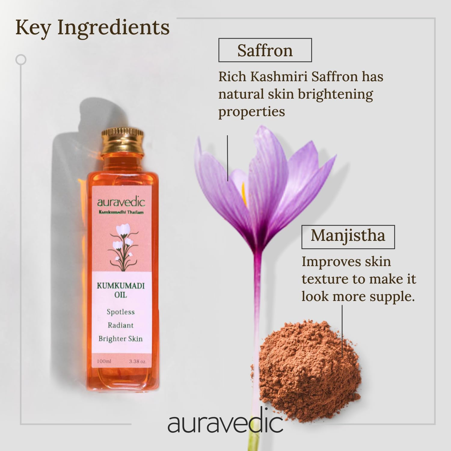 Auravedic Kumkumadi Oil - Pure Saffron for Radiant Skin, 3.4 Fl Oz (100ml), Model AV07