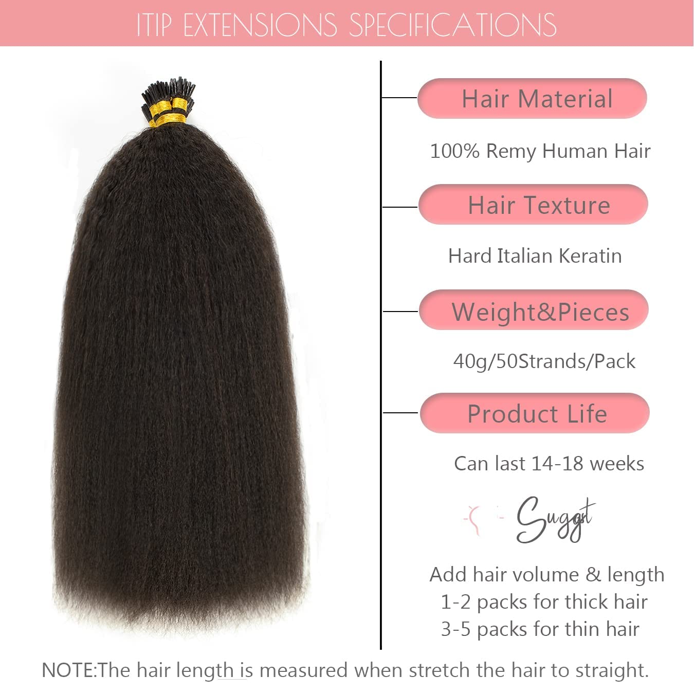 Loxxy I Tip Extensions Human Hair 22 Inch Kinky Straight Long Black Hair Extensions For Salon Brazilian Virgin Hair Pure 50Grams