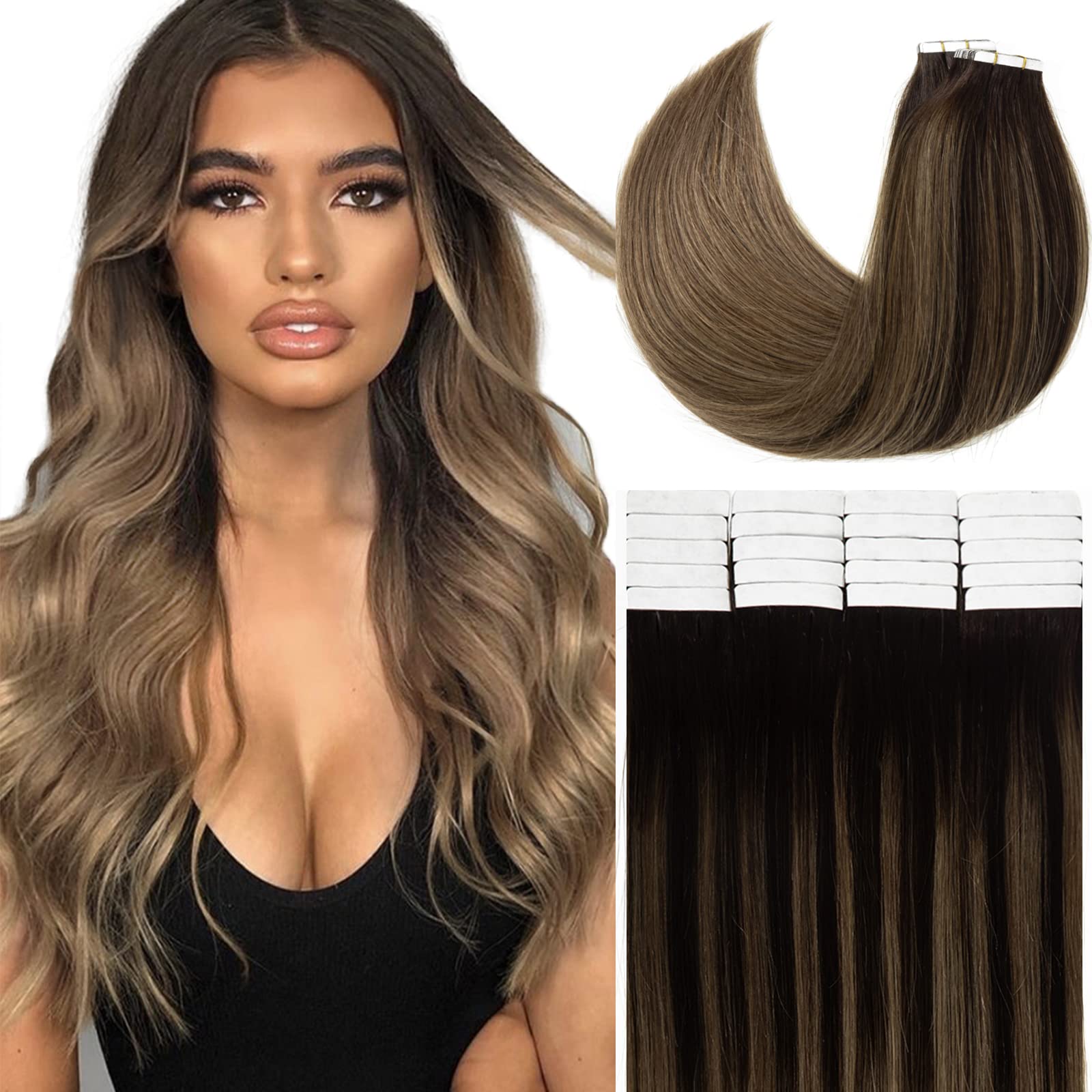 Loxxy Tape In Hair Extensions Natural Hair Dip Dyed Balayage #2-6 Darkest Brown Mixed With Medium Brown Double Sided Seamless Pu