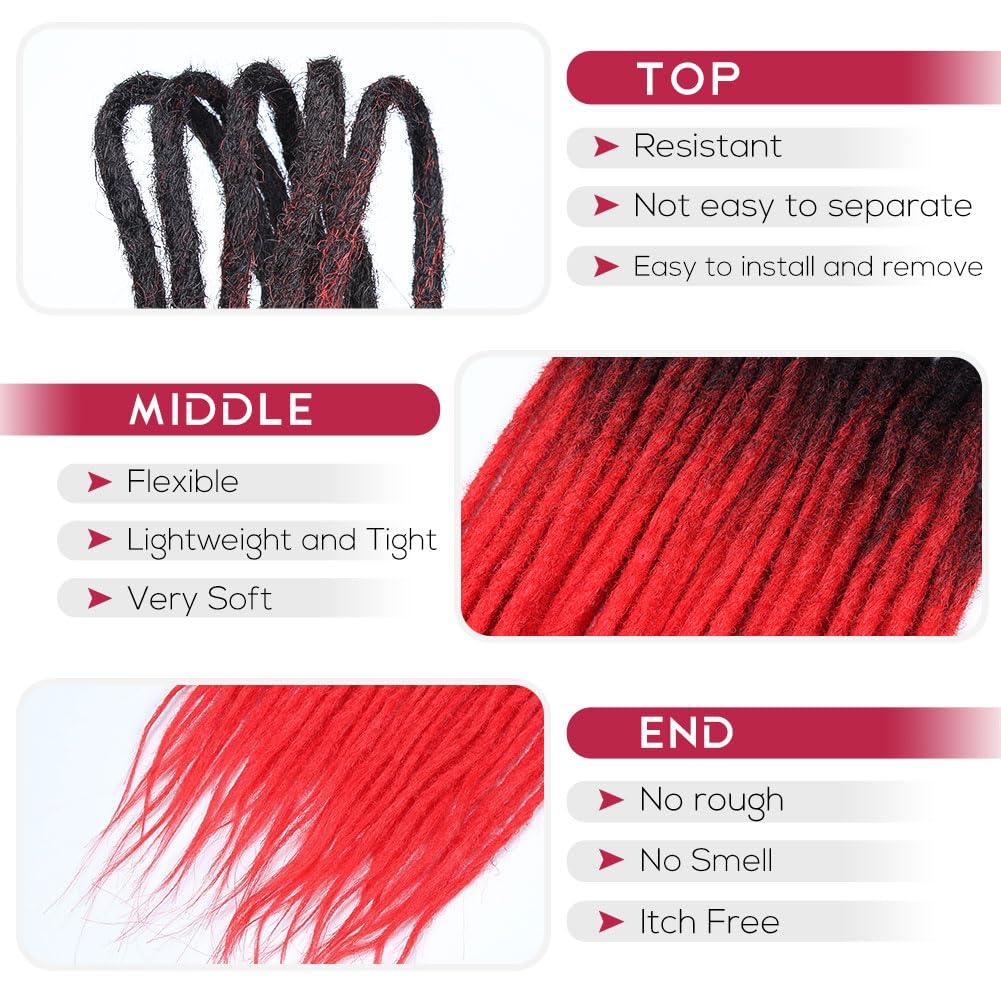 24 Inch Black To Red Double Ended Dreadlock Extensions, 20 Strands Gray To Blonde Synthetic De Dreads Extensions, Thin 0.6Cm Wid