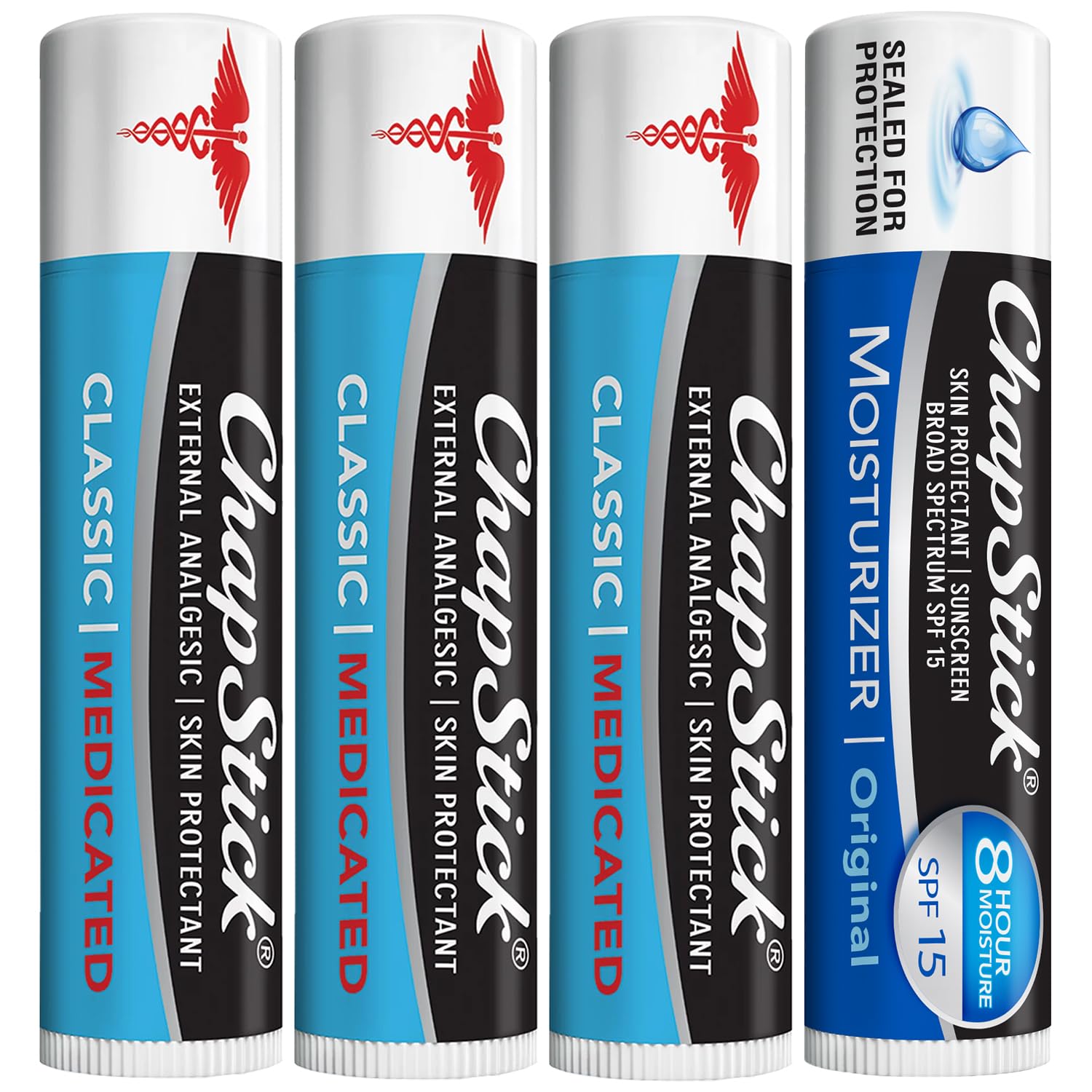 ChapStick Dry Lips & Cold Sore Pain Relief Bundle - Classic Medicated ChapStick 3-Pack + Original Moisturizer Lip Balm with SPF 