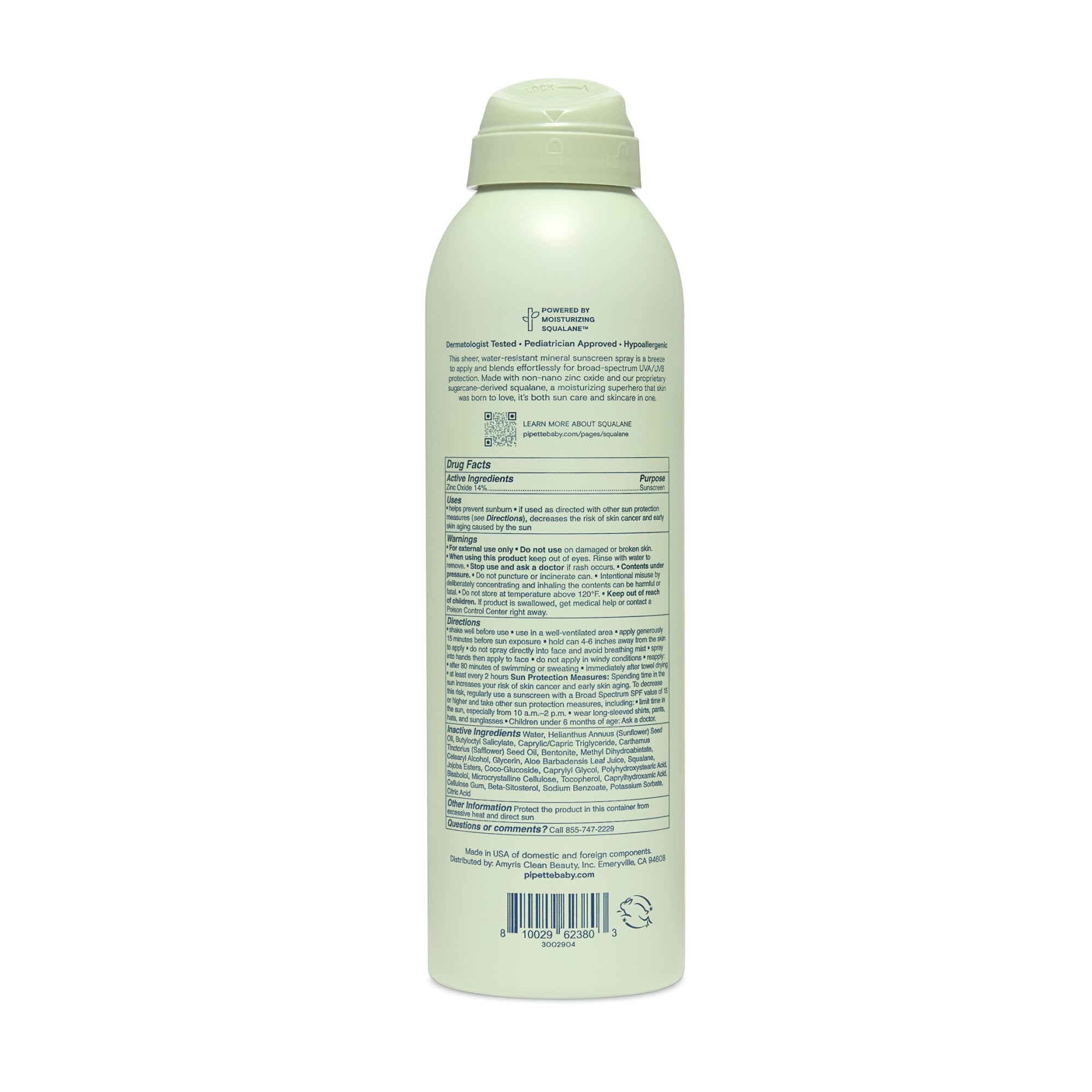 Pipette Baby Mineral Sunscreen Spray SPF 30, Broad Spectrum with Non-Nano Zinc Oxide, Water Resistant UVB/UVA Non-Toxic Sun Prot