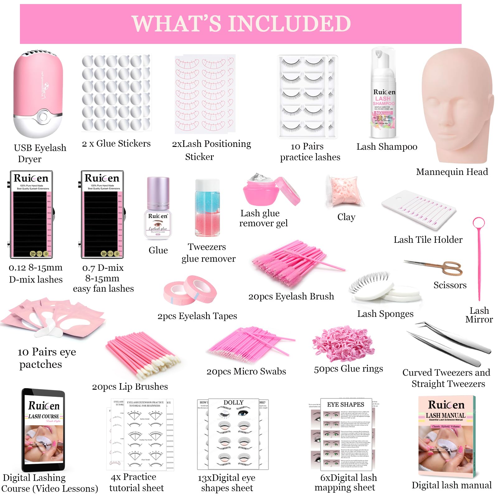 Lash Extension Kit For Beginners, Ruicen Lash Kit For Beginners With Video Tutorials And Lash Manual, Mannequin Head, Practice L