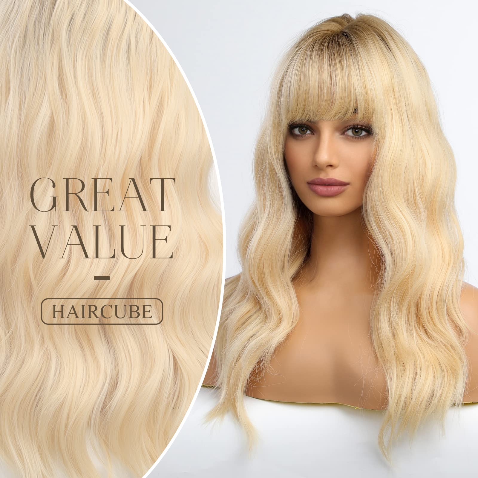 HAIRCUBE Long Wave Blonde Wigs With Bangs,Ombre Blonde Curly Wigs for Women Heat Resistant Synthetic Wigs