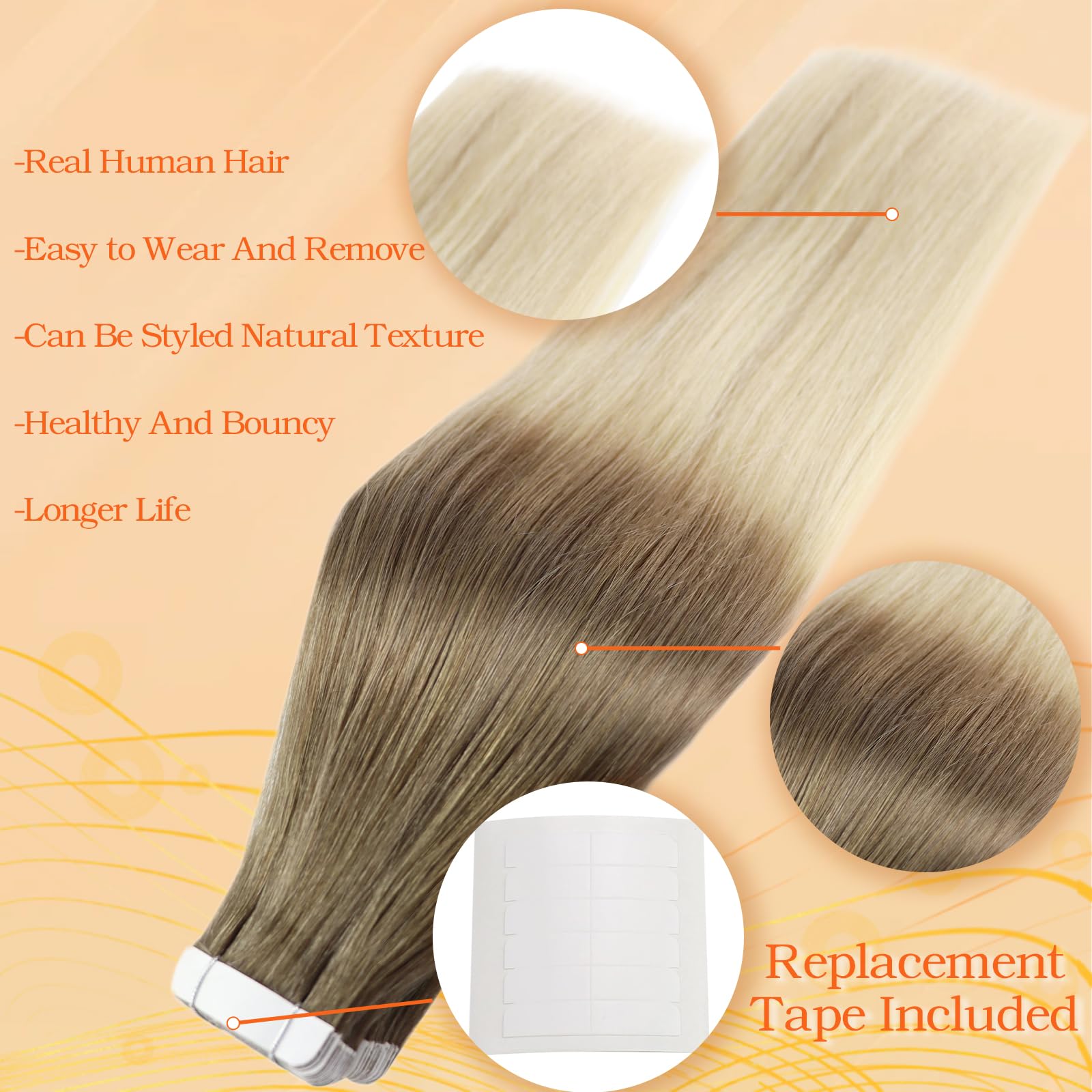 Full Shine Tape In Hair Extensions Human Hair Blonde Tape In Extensions 22 Inch Color 8 Ash Brown Fading To 60 Platinum Blonde A