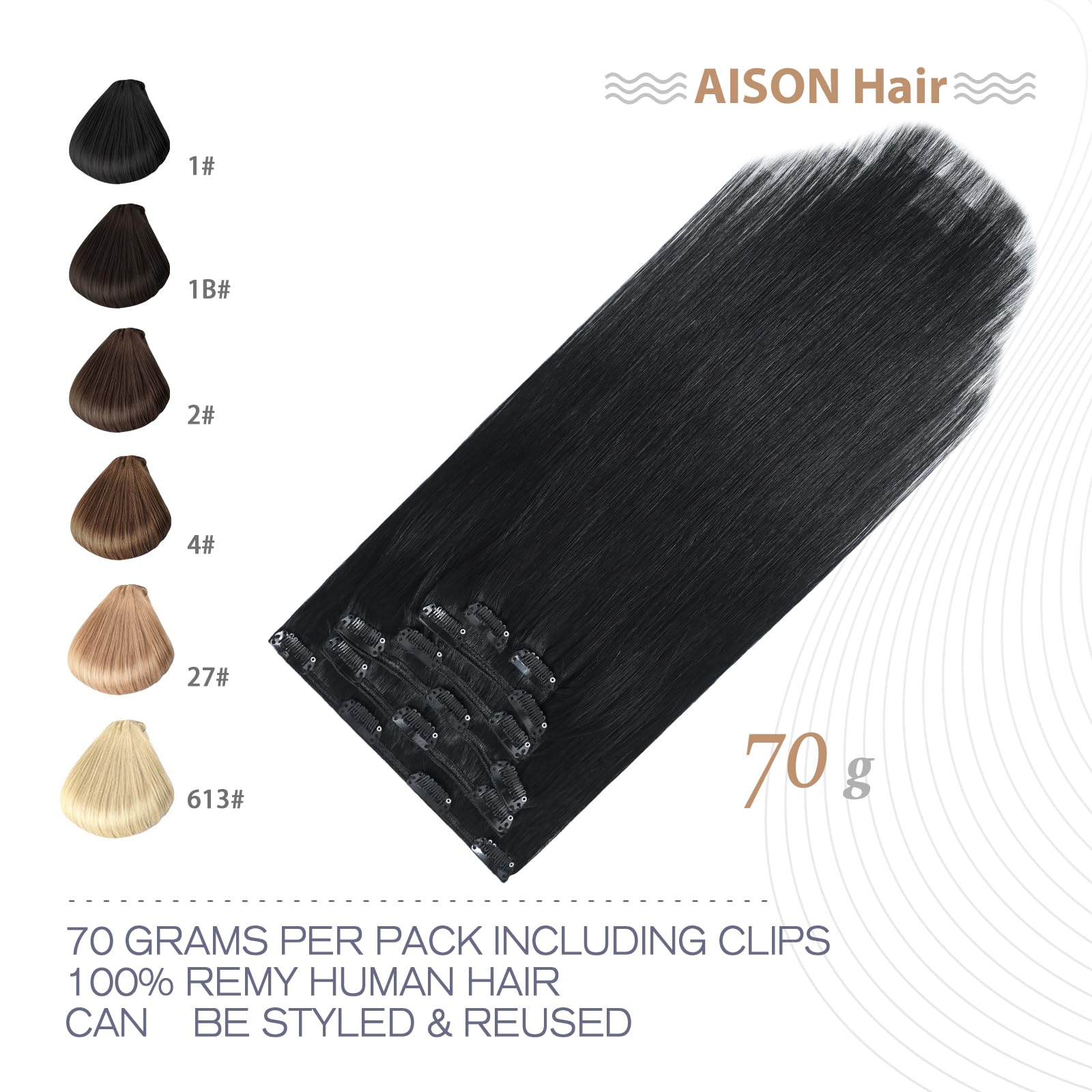 Aison Jet Black Clip in Hair Extensions Real Human Hair 70G 100% Remy Human Hair Silky Straight 7pcs 16clips 22 Inch Hair Extens