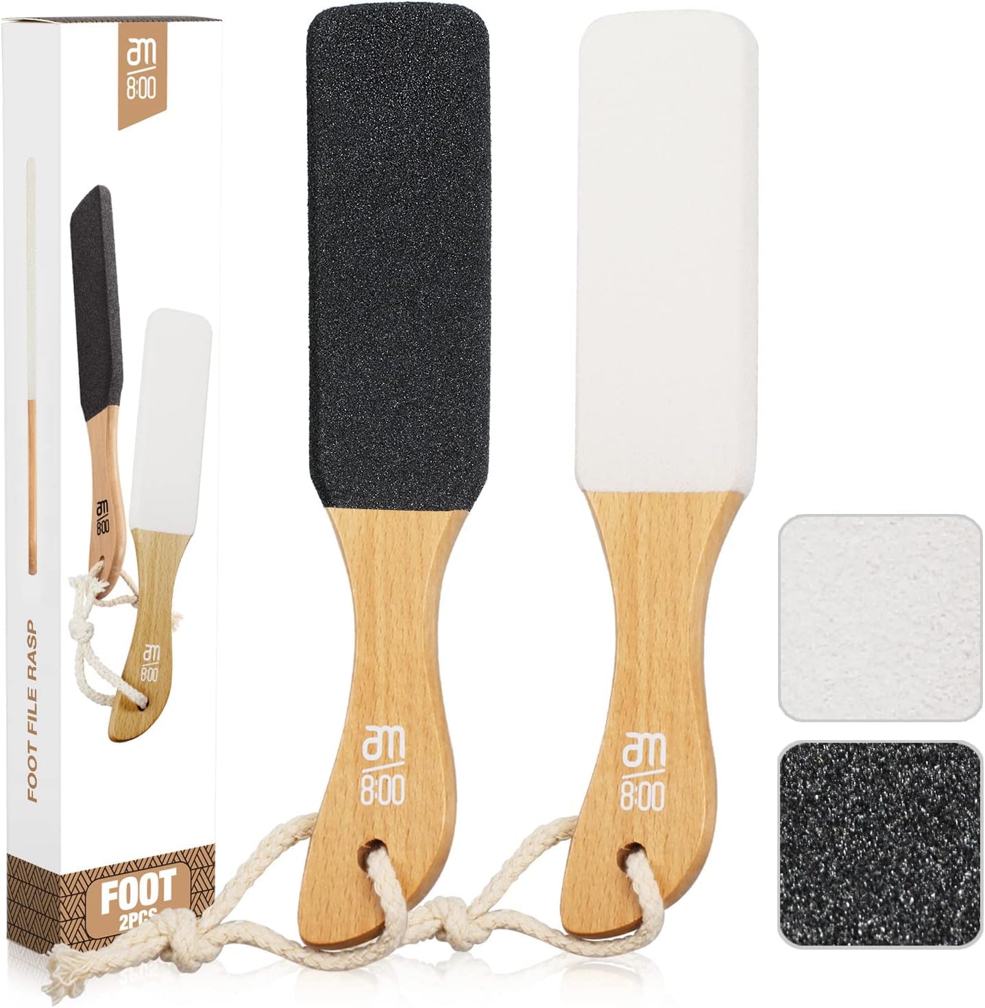 AM 8:00Pumice Stone Foot File, 2 Pack Callus Remover (coarse/fine) for Feet with Wooden Handle, Pedicure Foot Scrubber to Remove