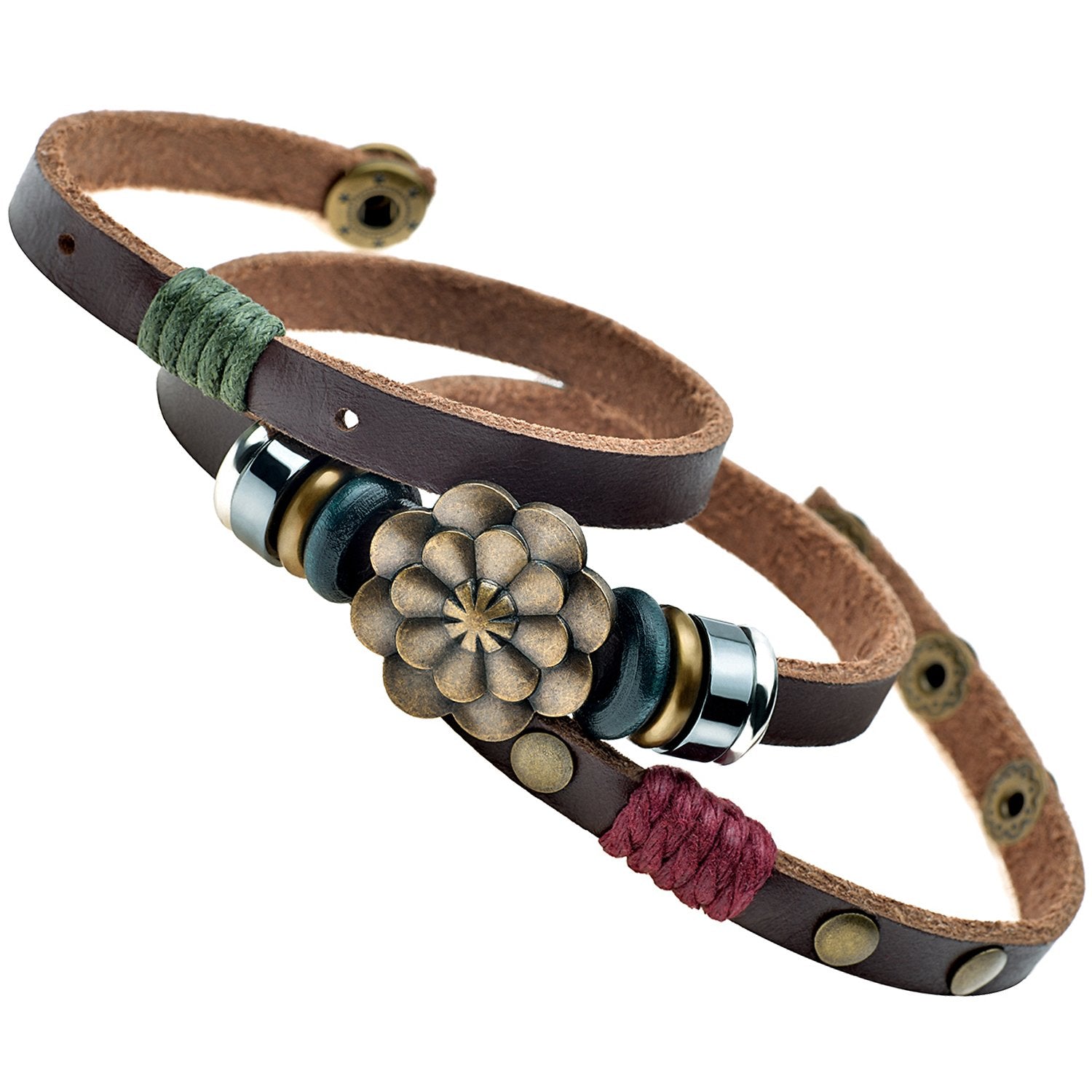 CELOKIY Womens Boho Brown Leather Wrap Bracelet with Brass/Bronze Lotus Flower Stack Trendy Jewelry