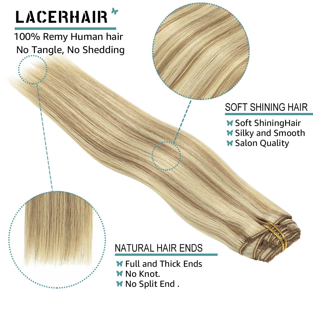 Lacer Hair Clip In Hair Extensions Real Human Natural Hair Light Brown Highlighted Platinum Blonde Color Fine Remy Hair Clip On