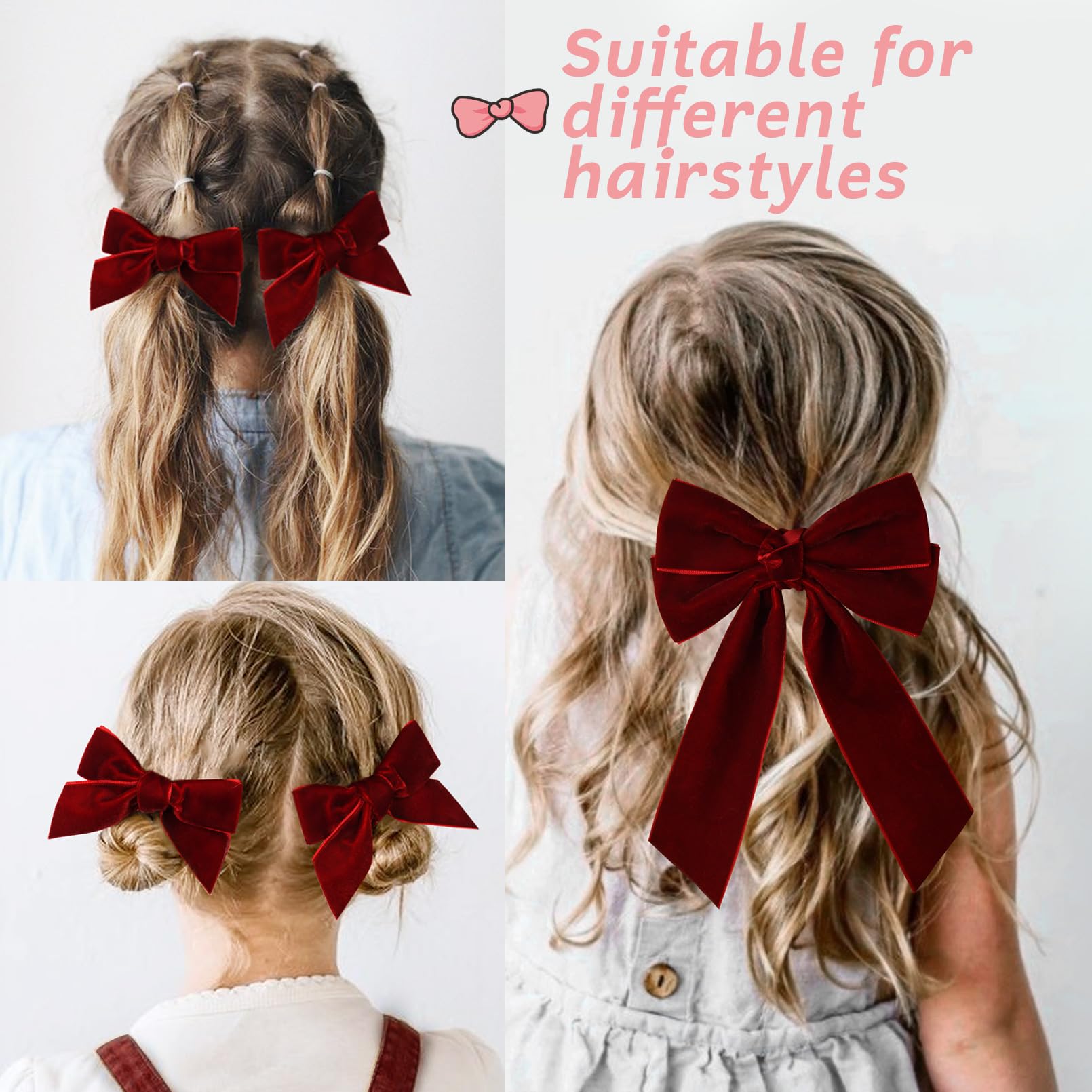 3 Pcs Velvet Bows Hair Clip Ribbon Red Accessories Ponytail Holder Hair Bow For Women Girls Toddlers Teens Kids