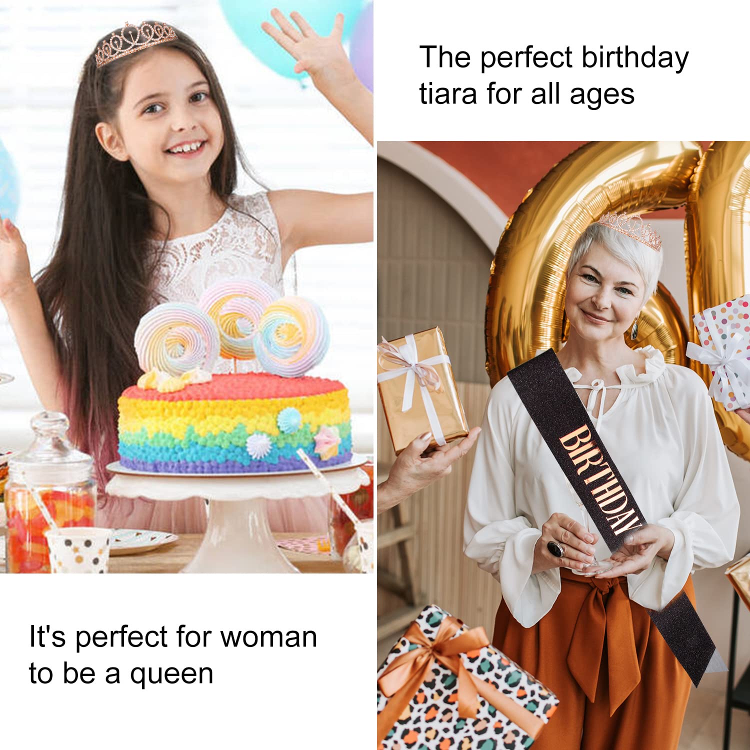 Cieher Rose Gold & Black Birthday Crown Set - Crystal Crown & Sash For Women & Girls (Birthday)
