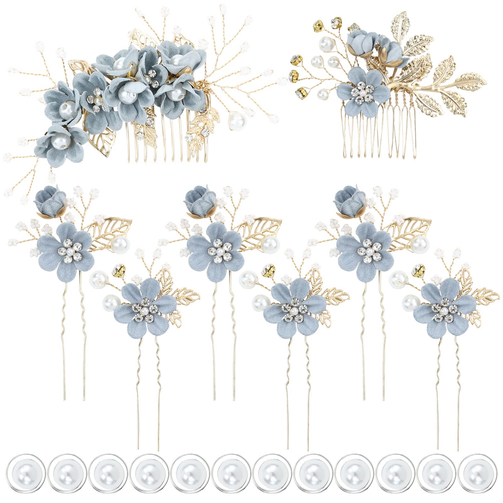 inSowni 20 Pack Classy Dusty Blue Flower Bridal Wedding Hair Side Combs+Floral Hair Pins+Twist Spiral Pearl Hair Pins Clips Piec