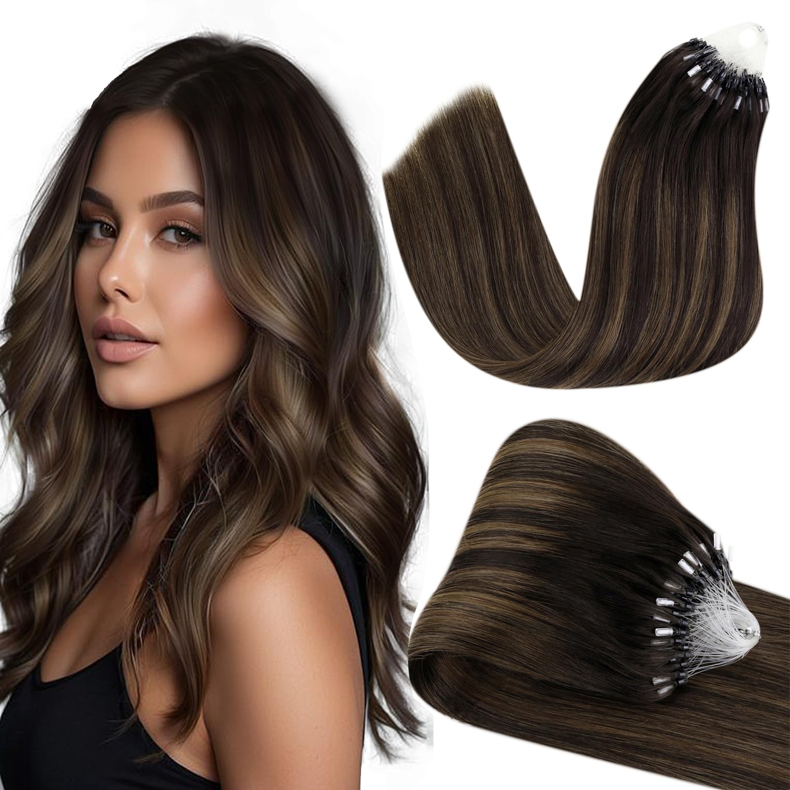Hetto Micro Beads Hair Extensions Balayage Brown Microlink Hair Extensions Human Hair Micro Loop Real Human Hair Extensions #2/8