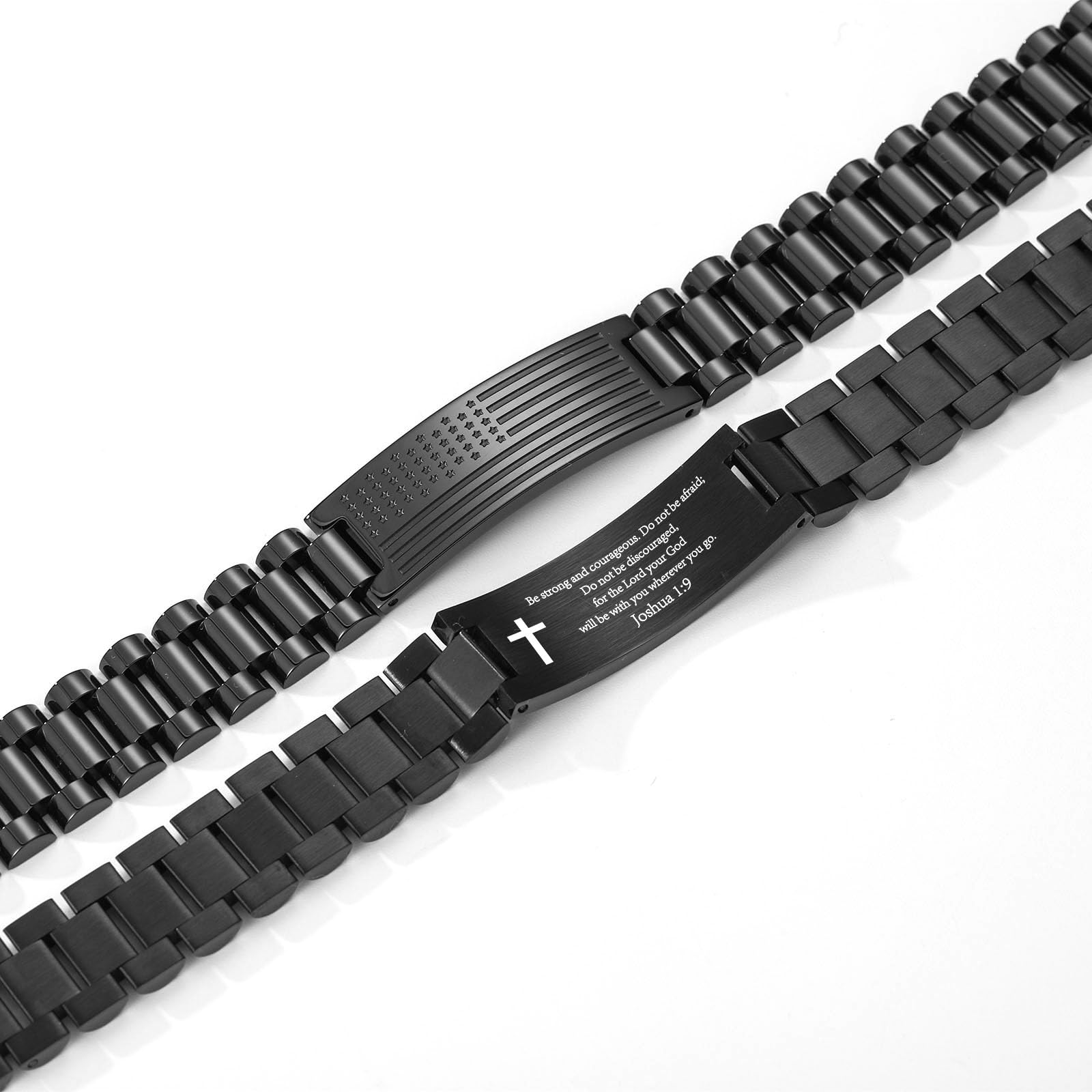 P.BLAKE American Flag Bible Verse Watch Link Bracelet for Men, Stainless Steel Engraved American Flag Yappy Daily Joshua 1:9 Scr
