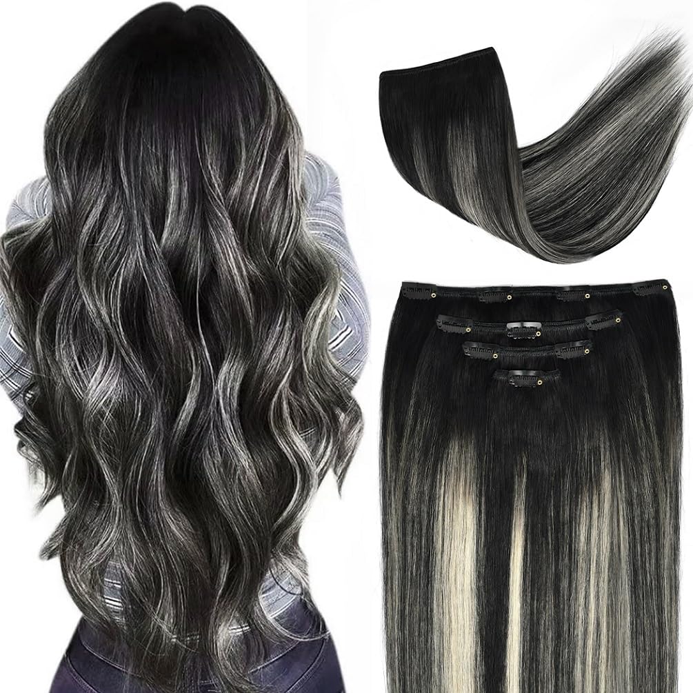 12'' Clip In Hair Extensions Remy Human Hair Black Balayage Silver For Women - Silky Straight 100% Real Human Hair 50Grams 4Piec