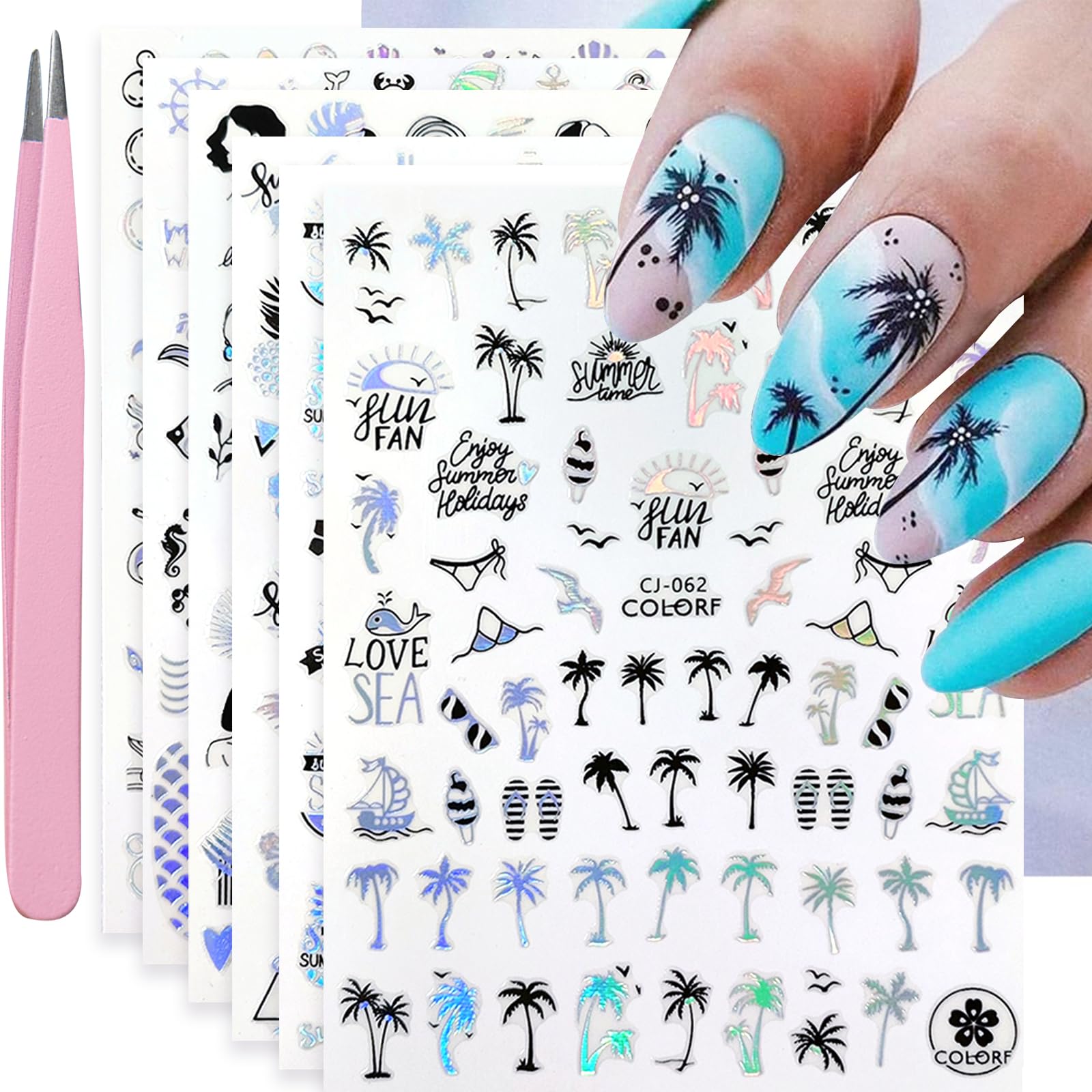 VOTACOS Summer Nail Stickers for Nail Art 6 Sheets Shell Nail Decals 3D Nail Design Self-Adhesive Nail Supplies Accessories Palm