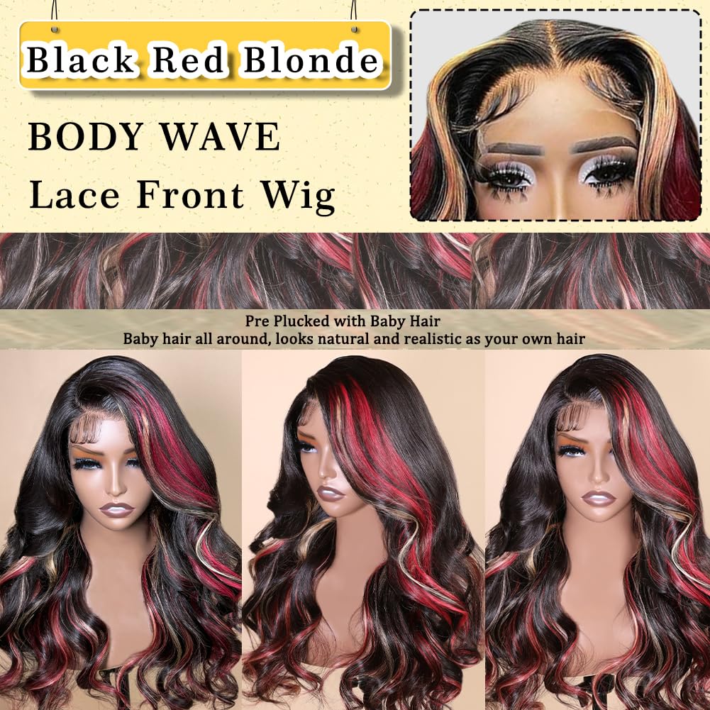 Faba Skunk Stripe Wigs Black Red Blonde Highlights Wig Human Hair 32 Inch 13X4 Hd Lace Front Wig Human Hair 180% Density Black A