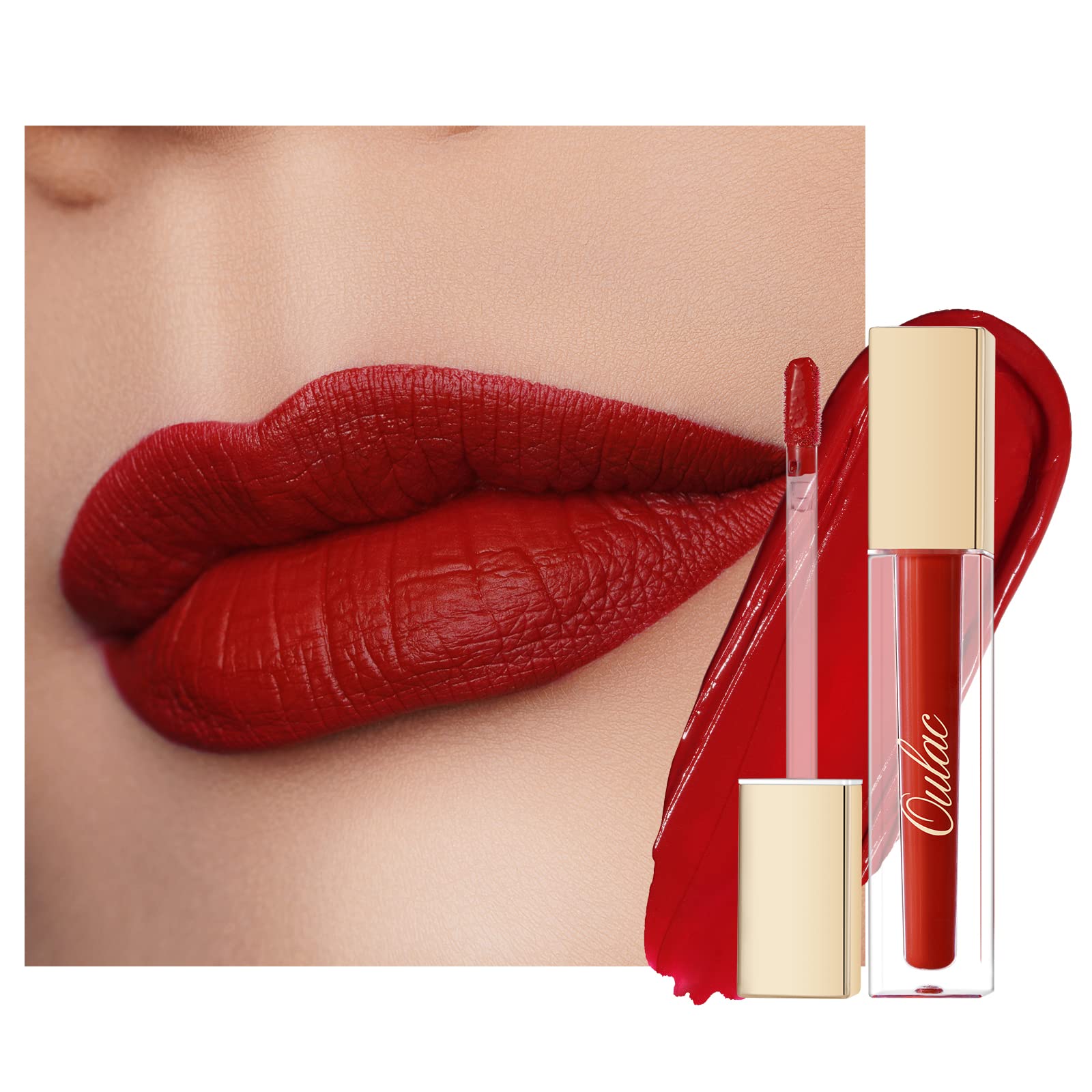 Oulac Matte Liquid Red Lipstick For Women, Deep Red Lip Gloss Creamy Matte Texture, Waterproof, Non-Stick Cup, Extra-Pigmented L