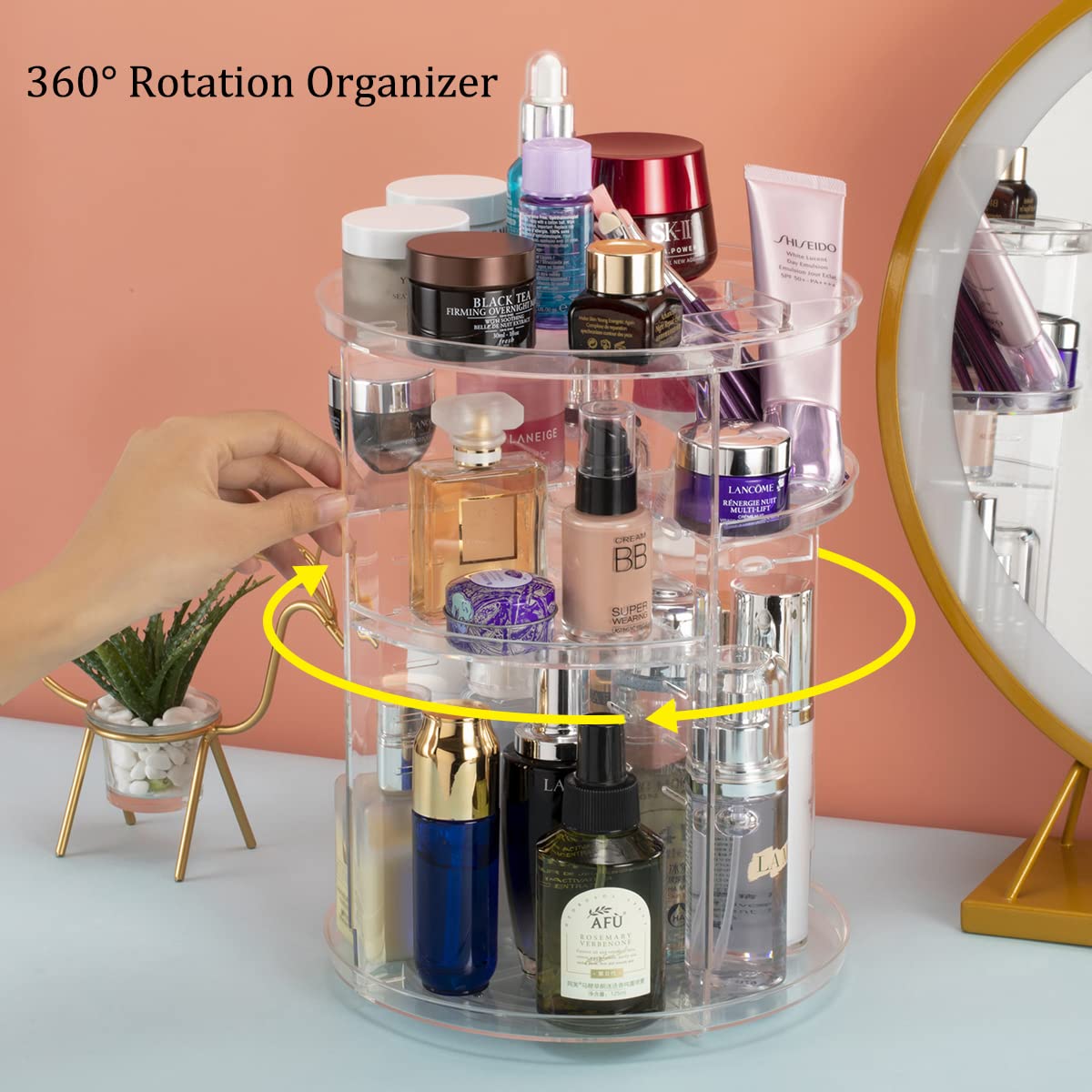 Argox 360 Rotating Makeup Organizer, Skincare Storage Box, Cosmetic Display Case With Brush Holder Perfume Tray, Multifunctional