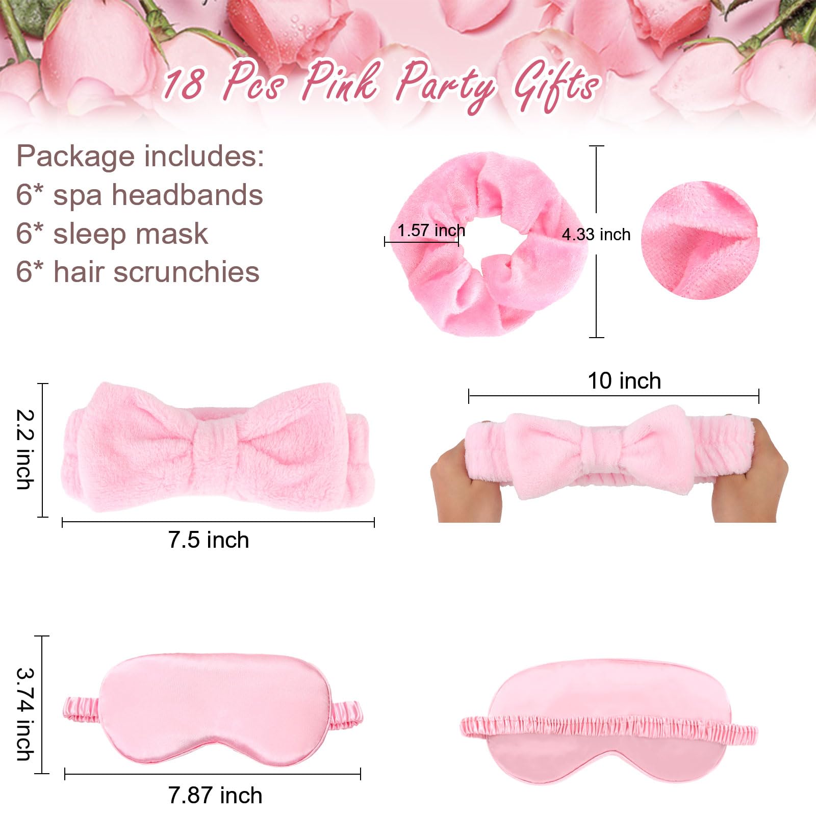 Whavel 18 Pcs Sleepover Party Supplies For Girls - Pink Party Favors Include 6 Spa Headband, 6 Silk Eye Mask And 6 Velvet Scrunc