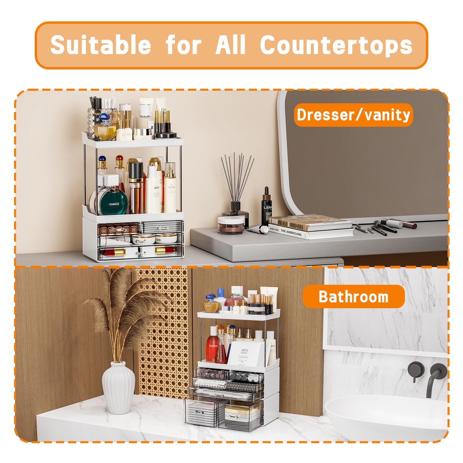 Yieach 3 Pack Makeup Organizer for Counter with 6 Drawer,14.4 Tall Large Capacity Cosmetics Storage Drawer,Stackable Bathroom Co