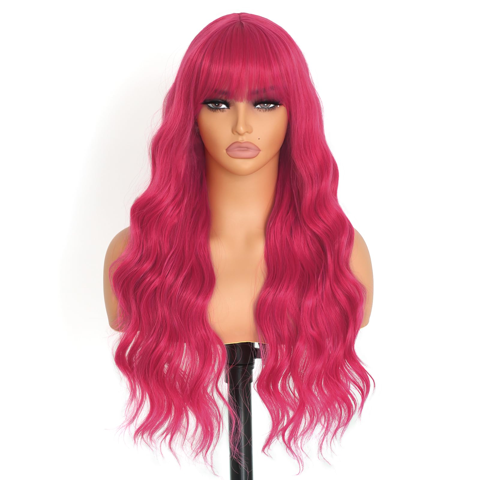 EVLYNN Hot Pink Wig for Women Long Curly Wig Cap With Bangs Natural Wave Synthetic Fiber Glueless Hair Wigs for Daily Party Cosp