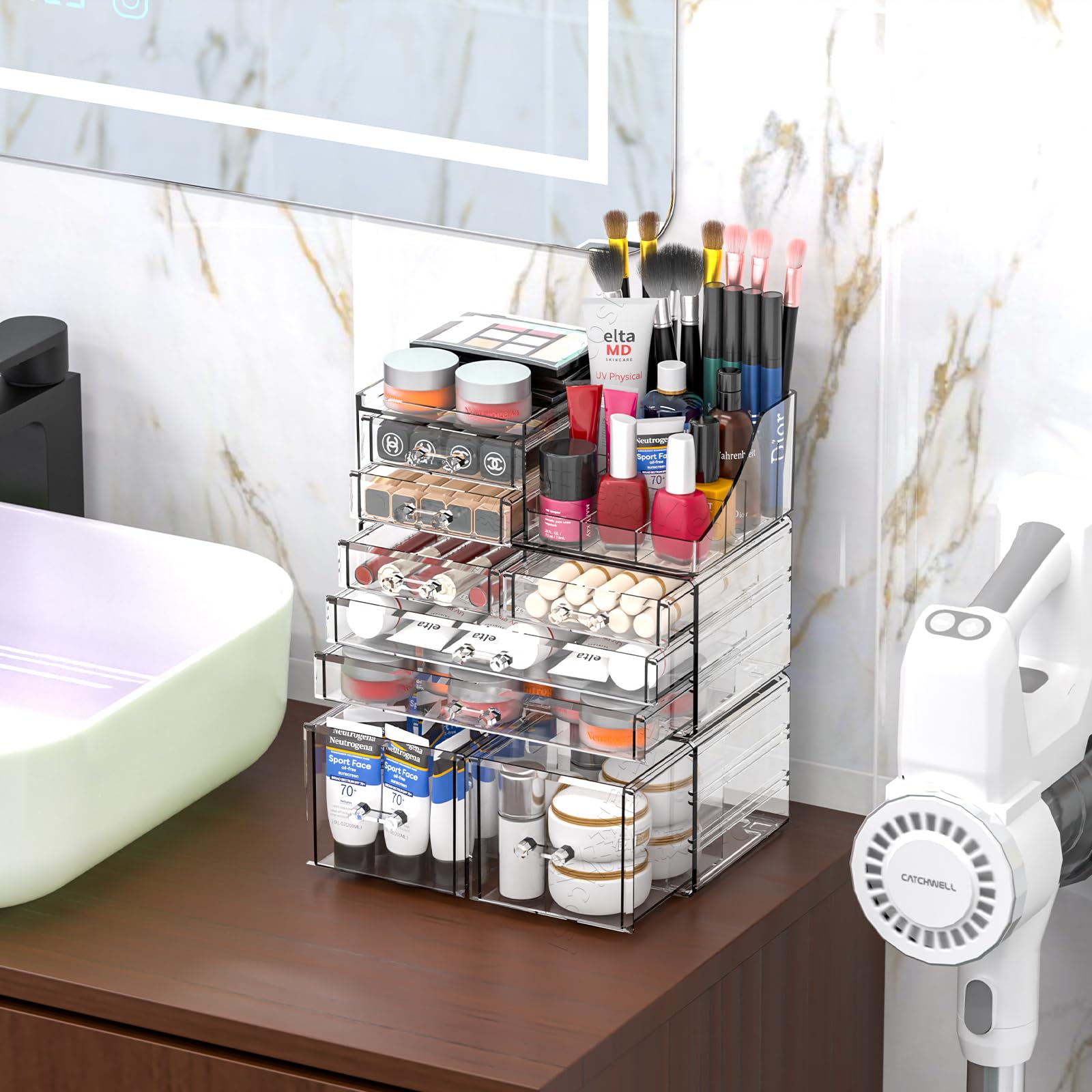 Cq Acrylic Make Up Organizers For Vanity With 6 Drawers, 2 Pack Clear Drawer Organizers,Plastic Cute Desk Accessories Organizati