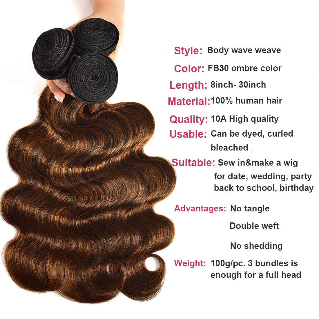 UNICE Brown Highlight Body Wave Human Hair Weave 3 Bundles 22 24 26 inch, Brazilian Remy Hair Ombre Blonde Human Hair Wavy Weave