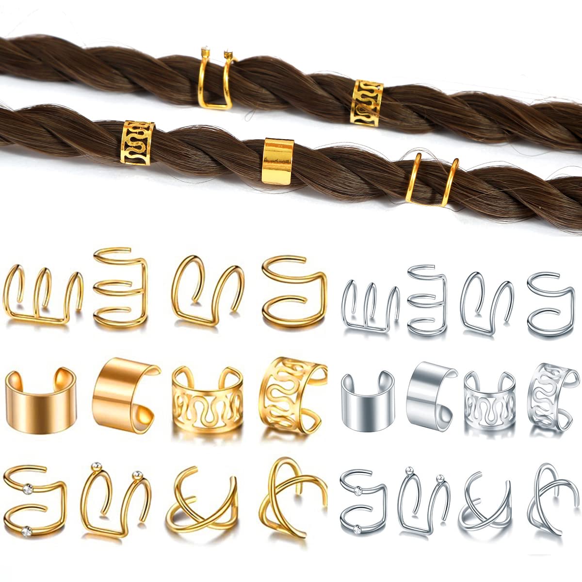 RUSTAMM 24 Pcs Gold Silver Hair Braids Dreadlock Non-Piercing Ear Clip Beard Beads Cuffs Clip Hair Accessories Styling Fashion J