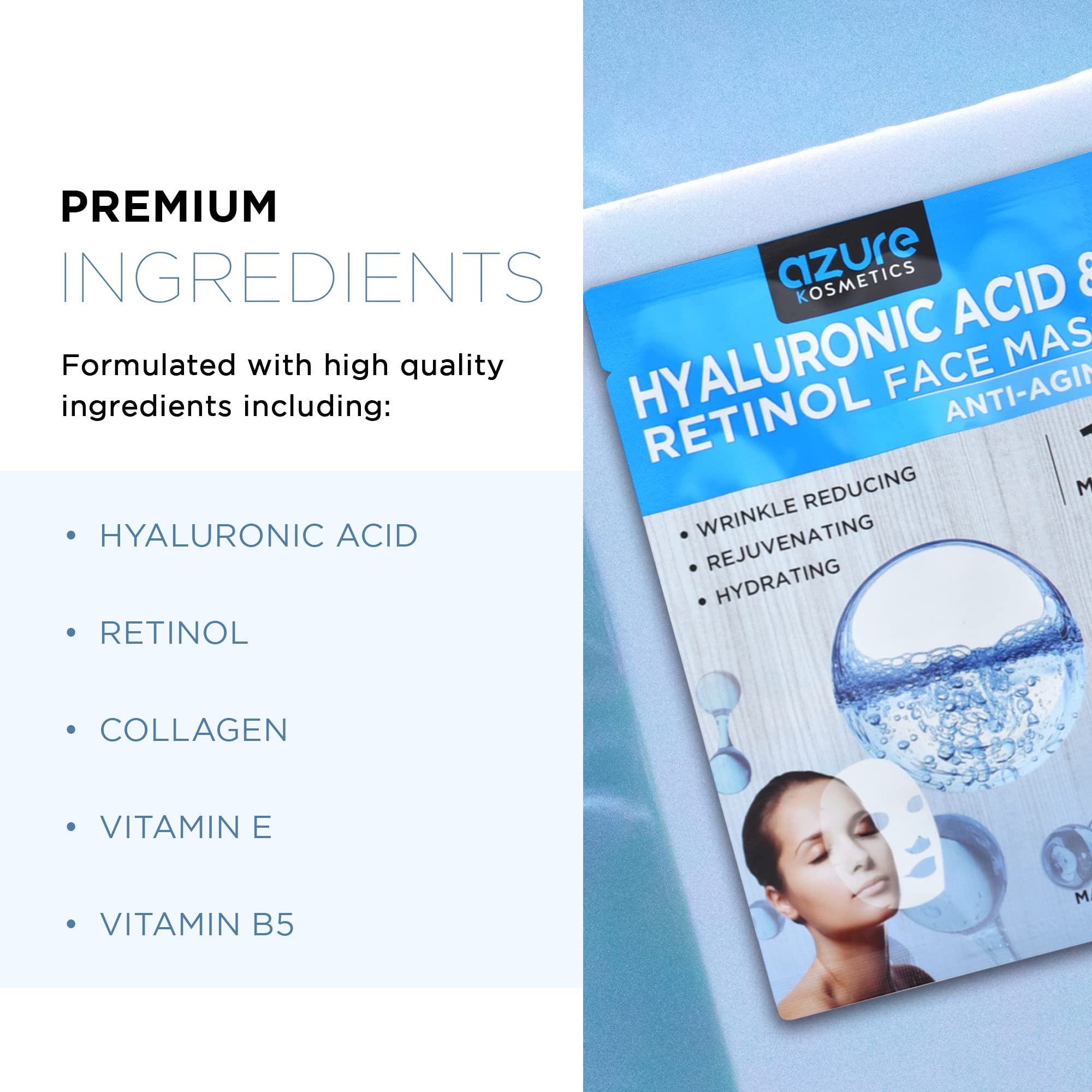 Azure Hyaluronic Acid & Retinol Anti Aging Facial Mask - Dermatologist Tested - Rejuvenating & Hydrating Face Mask - Helps Reduc