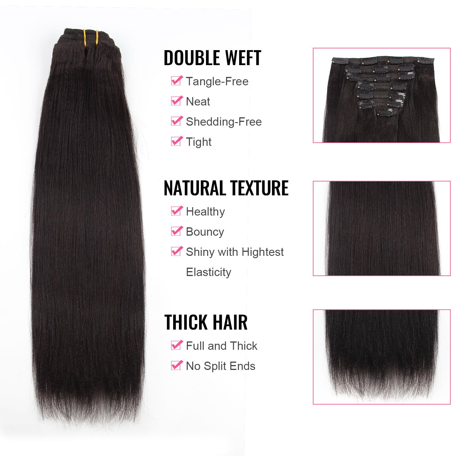 ABH AmazingBeauty Hair Yaki Straight Clip in Hair Extensions Real Remy Thick Natural Black for African American Relax Hair 7 Pie